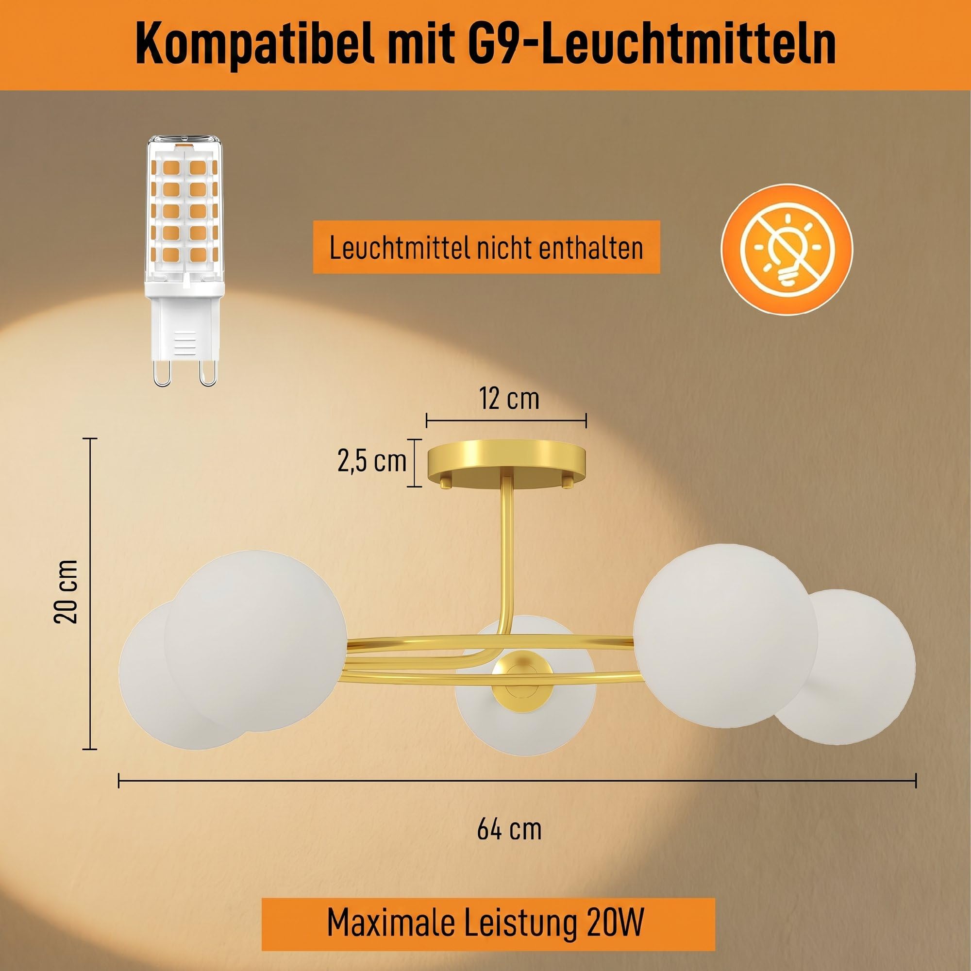 HOMCOM Deckenleuchte 20W mit 5 G9-Fassungen Eleganter Gold-Weiß-Look | Deckenlampe, für Wohnzimmer, Flur, Esszimmer oder Küche, Leuchtmittel Nicht Enthalten
