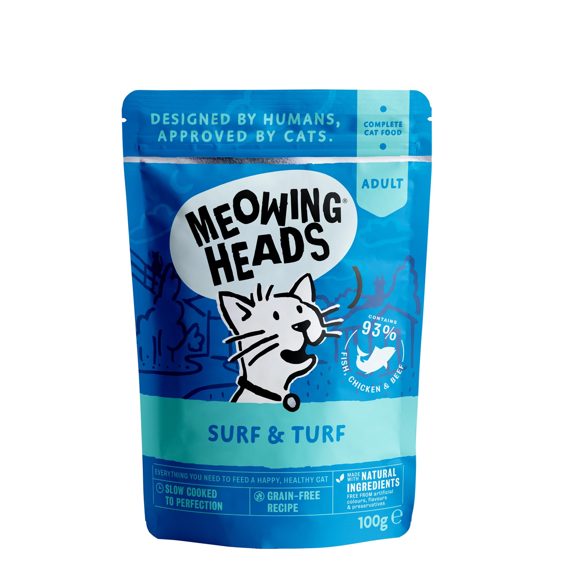 Meowing Heads Wet Adult Cat Food, Chicken, Fish & Beef, 10x100g Pouches
