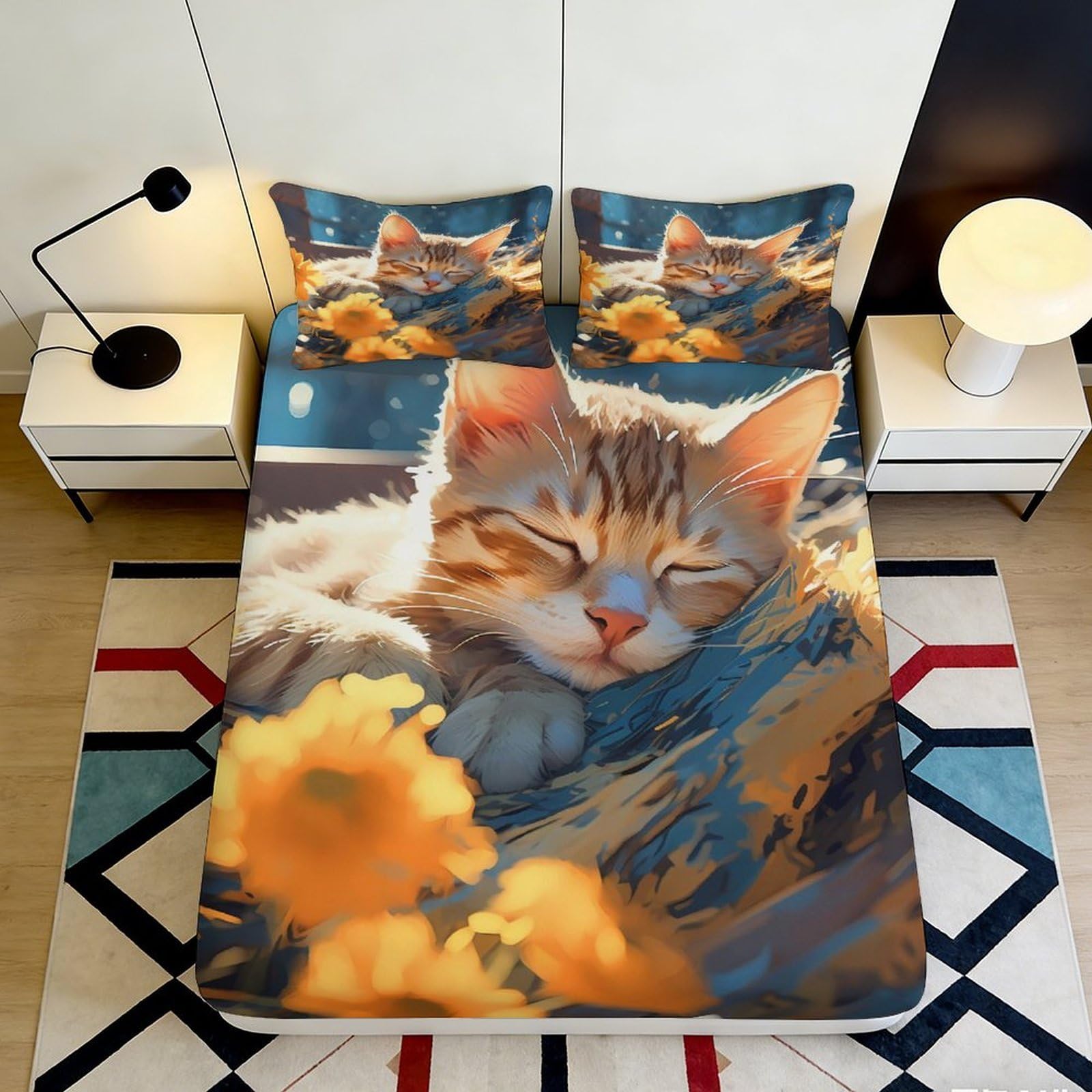3D Printed Sleeping Cat Fitted Sheet Microfiber Soft Floral Bed Sheet for Bedroom Guest Room Dorm Decor 90x200x25cm