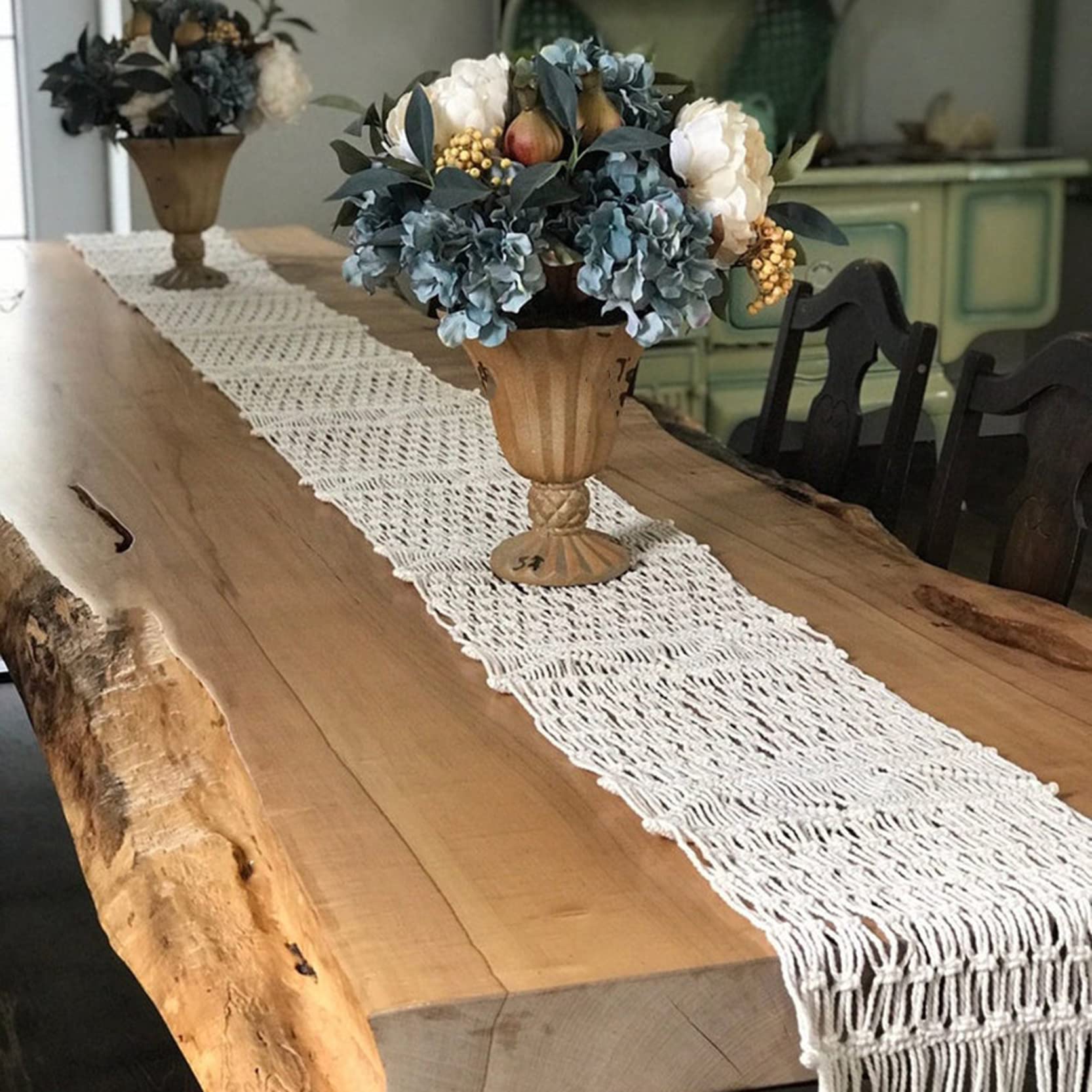Makramee Tischläufer Lange Boho-Dekor, Handgefertigte Tischläufer mit Quasten 100% natürliches Baumwollseil, für rustikale Küche Esszimmer Couchtisch Dekoration,Beige-35x220cm