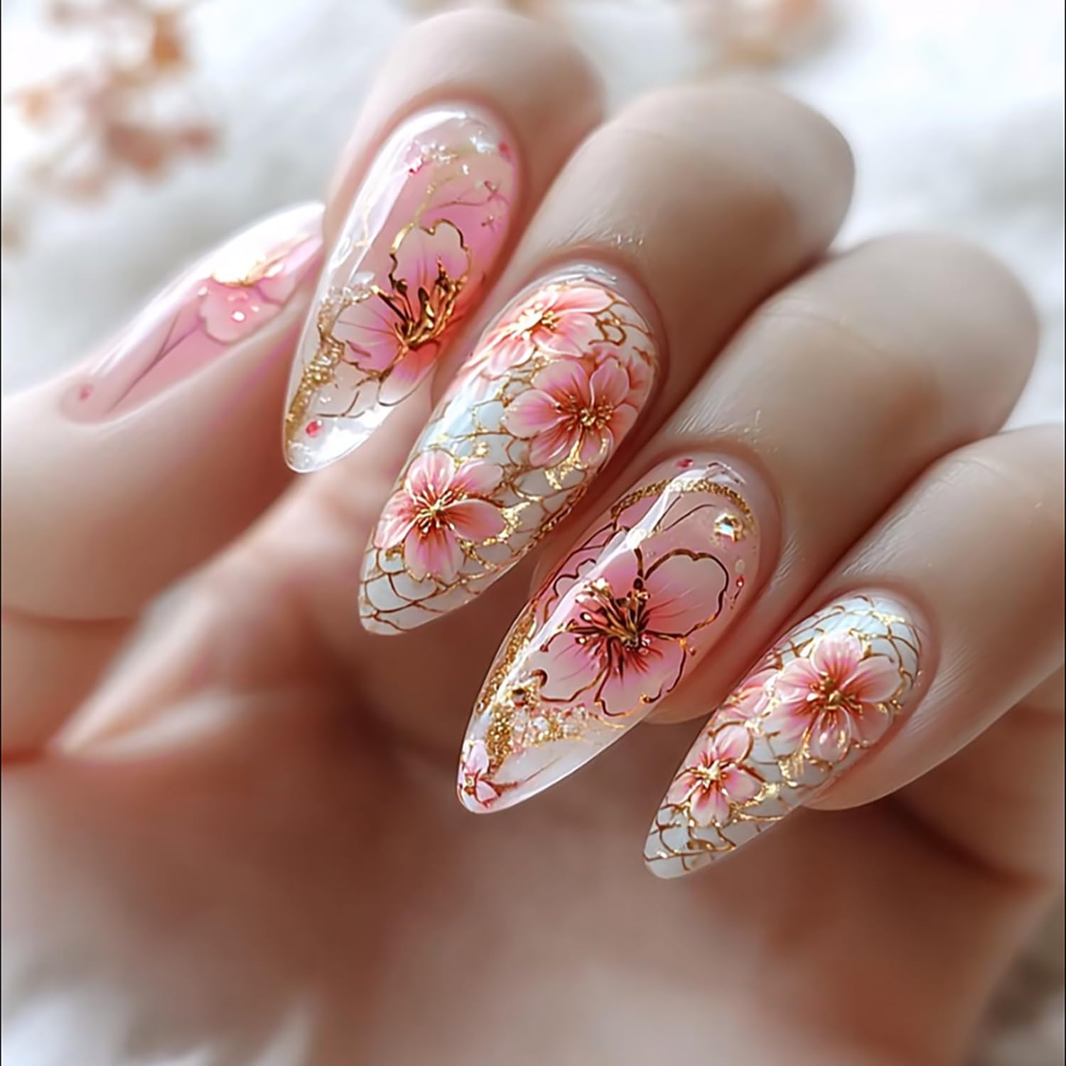 CJDLTS Flower Press on Nails Medium Almond Pink Floral Pattern Design Full Cover Glossy Acrylic Fake Nail Blossom Stick on Nail 24Pcs Reusable Press