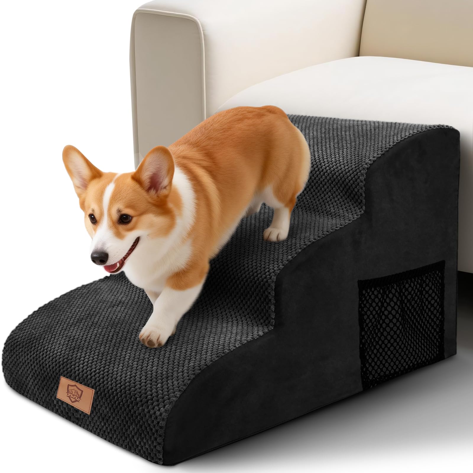 MASTERTOP Hundetreppe für kleine Hunde, Hundetreppe 3 Stufen aus Hochdichter Schwamm, rutschfest Tragbar Hunderampe Katzentreppe mit Tragegriff und Aufbewahrungstasche für Sofa Betten(Schwarz)