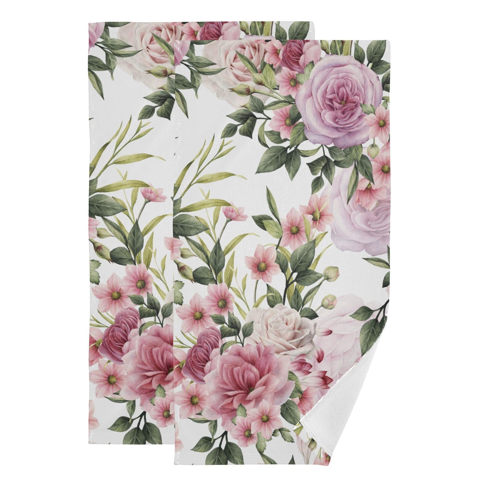 HUAZHIKOU Spring Pink Peony Floral Hand Towels for Bathroom Set of 2 Microfiber Rustic Rose Flower Green Leaf Bouquet Kitchen Dish Towels Decorative