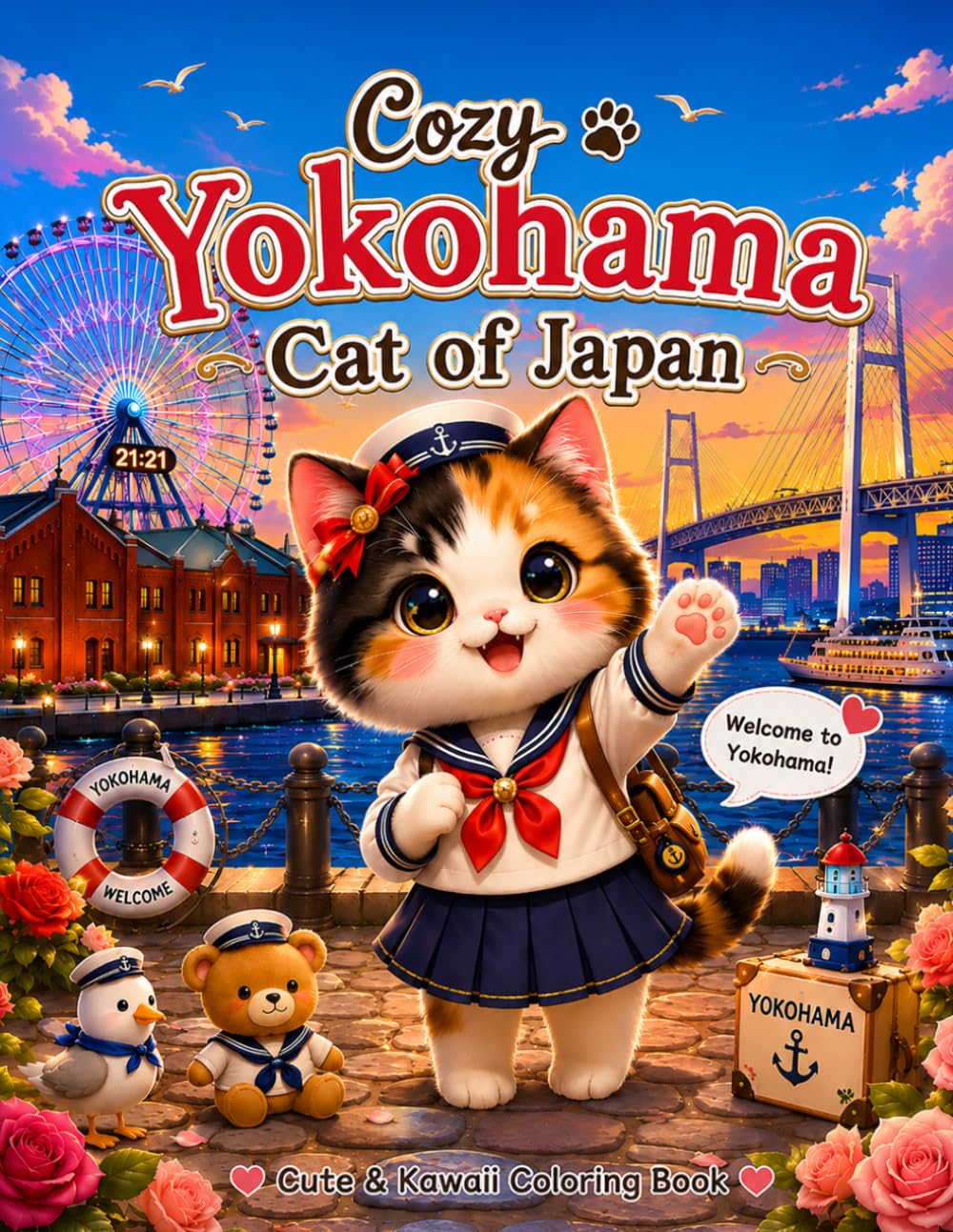Cozy Yokohama Cat of Japan: Cute & Kawaii Coloring Book for Cat Lovers | Relaxing Yokohama Landmarks and Cozy Japan Scenes