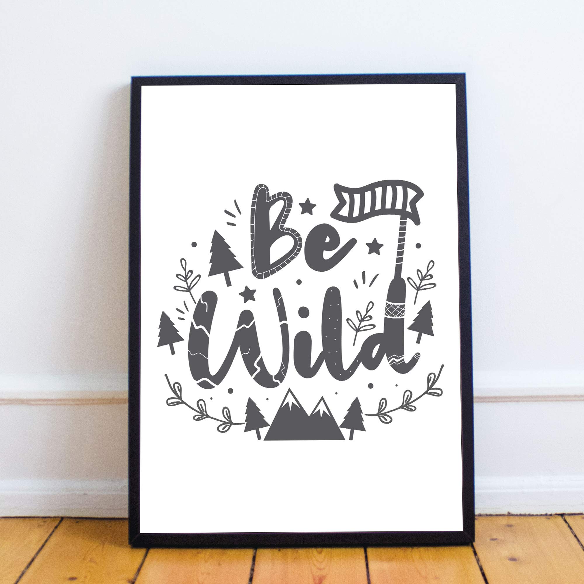 RED OCEAN Cute Boys Bedroom Print Boys Bedroom Wall Art Decor Grey Nursery Print Baby Gift Keepsake (A4 Print with Black Frame - Be Wild White Grey)