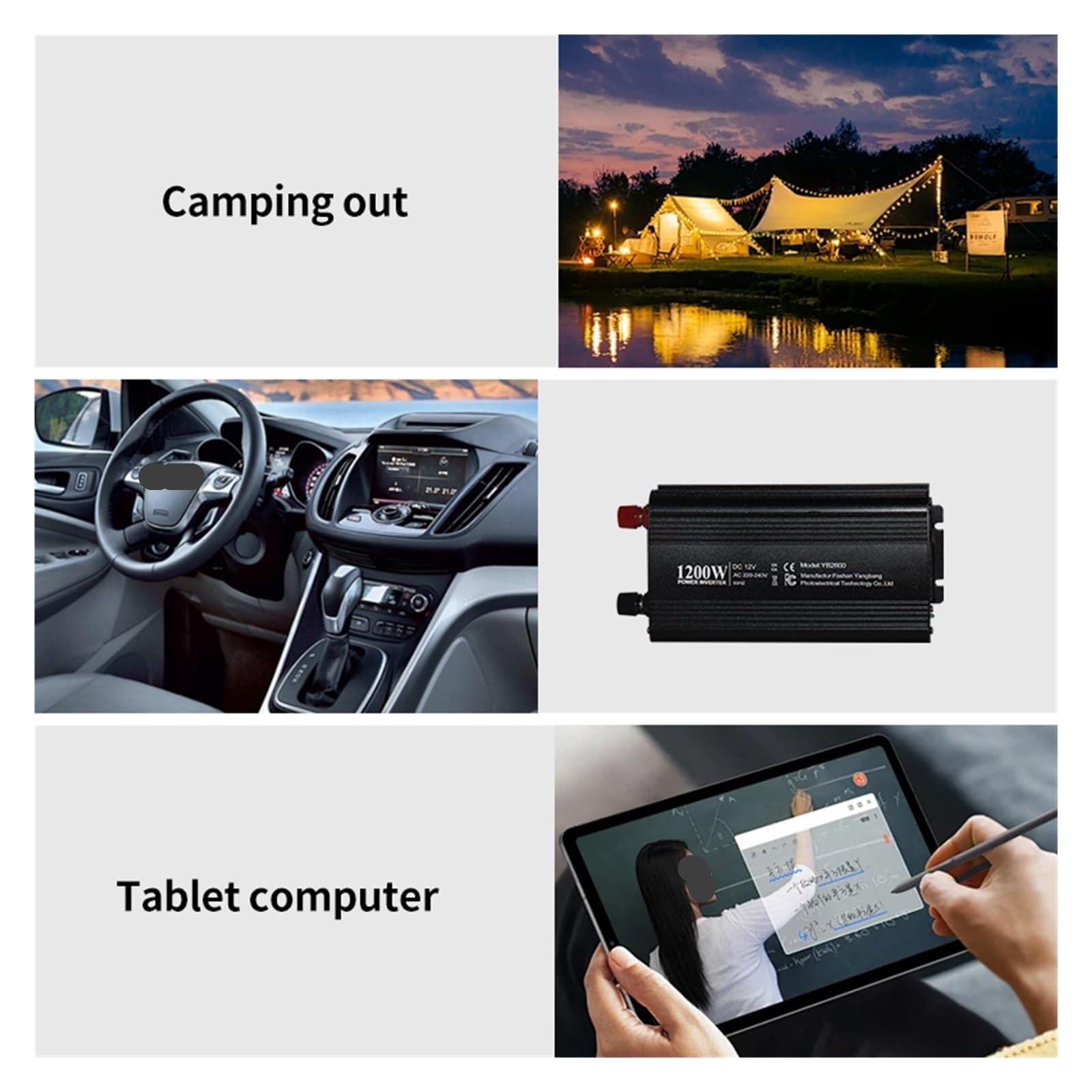 Przetwornica napięcia samochodowego 1200 W (szczytowa) DC 12 V na AC, gniazdo AC i ładowarka samochodowa USB odpowiednia do samochodów, domów, laptopów