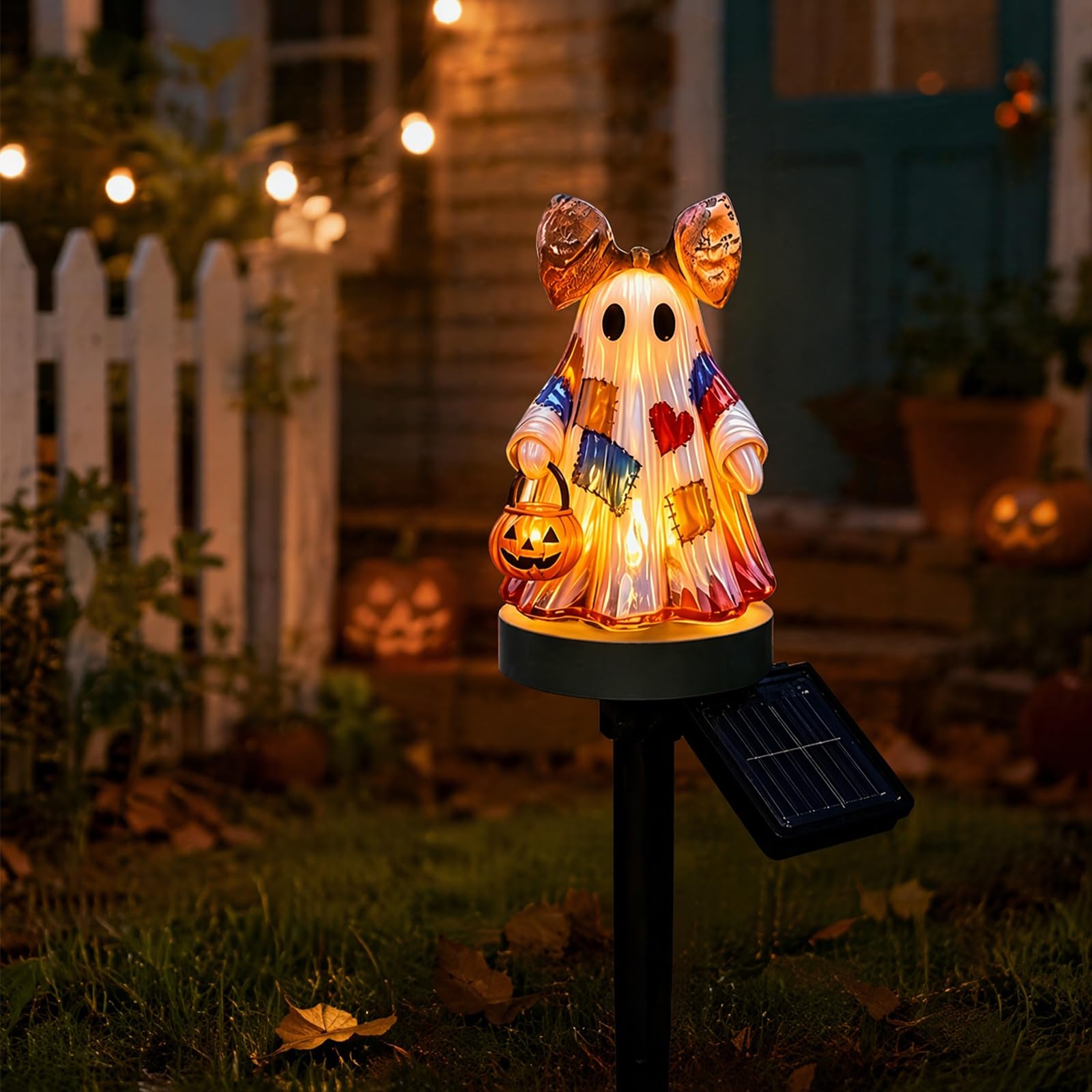 1PCS Vintage Patchwork Ghost Solar Stake Light, Patchwork Ghost Solar Garden Light with Bow and Pumpkin Lantern, Halloween Light Up Ghosts Fall Figurine Decoration for Mantel Shelf Entryway Porch
