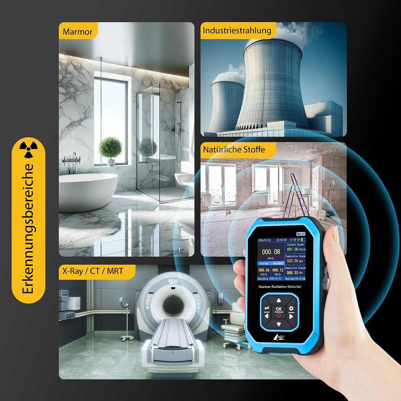 AGT Strahlungsmessgerät: Digitaler Akku-Geigerzähler & Dosimeter, Beta-/Gamma-/Röntgenstrahlung (Geiger Zähler, Geiger Counter, Digitale)