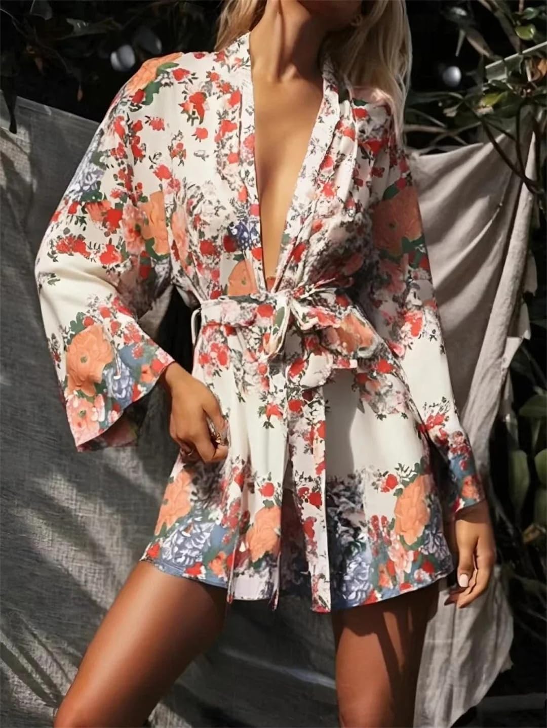 Stampa Floreale Fusciacche Bohemian Kimono Per Le Donne Maniche A Pipistrello Breve Robe Bikini Cover-up