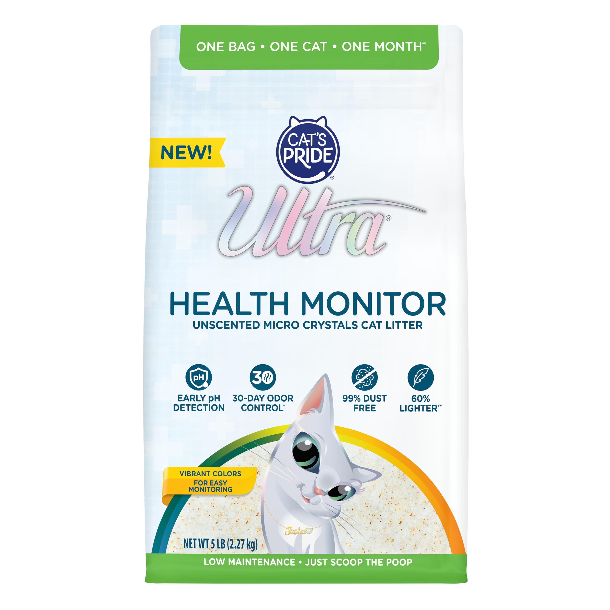 Cat's Pride Ultra Health Monitor Cat Litter, Unscented Micro Crystals (5 LB Bag) – Color Changing pH Indicator for Feline Health Tracking, 30-Day Odor Control, Dust Free and 60% Lighter