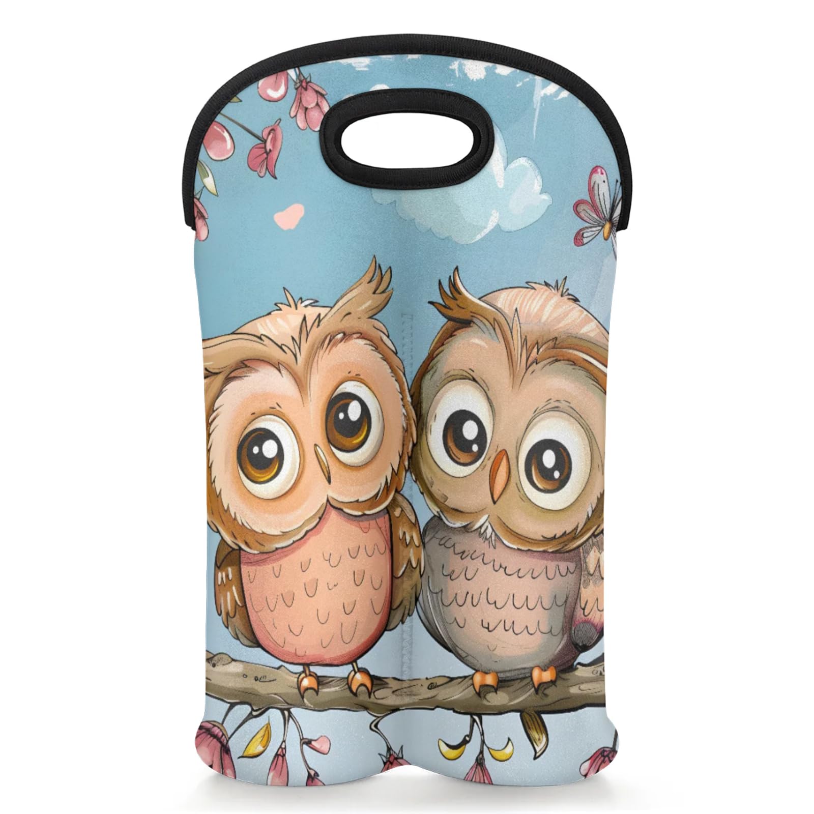 GzLeyigou 2 Bottles Owls Wine Bag Sleeve Totes Neoprene Protective Wine Carrier Bag for Wine,Water, Champagne, Beer, Baby Bottles,Gift 14.5 x 10 Inches