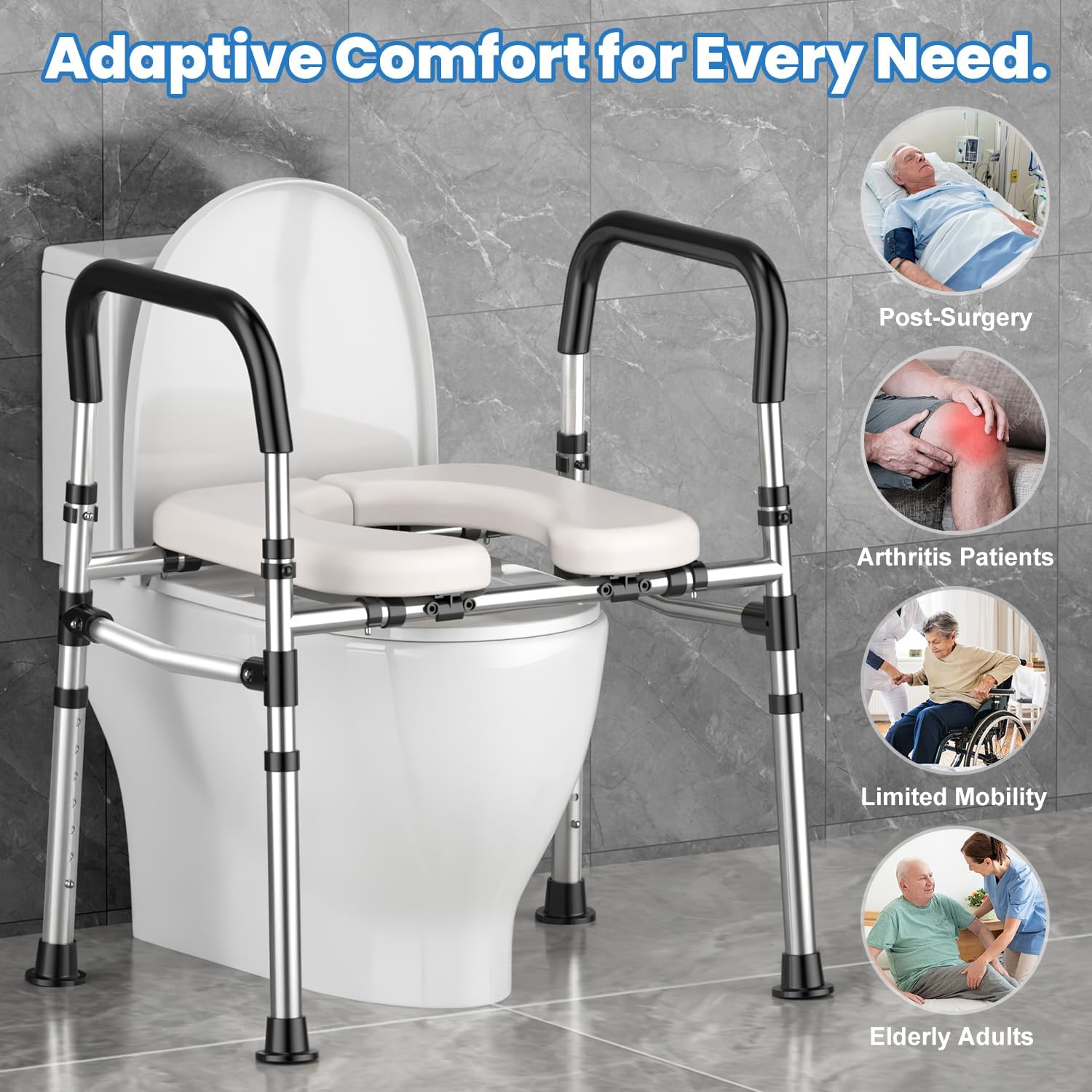 Toilet Seat Riser for Seniors, Raised Toilet Seat with Handles - FSA/HSA Eligible, Adjustable Height & Width, Supports 400 lbs - Universal Fit for Elderly, Handicap, Post-Surgery & Pregnancy
