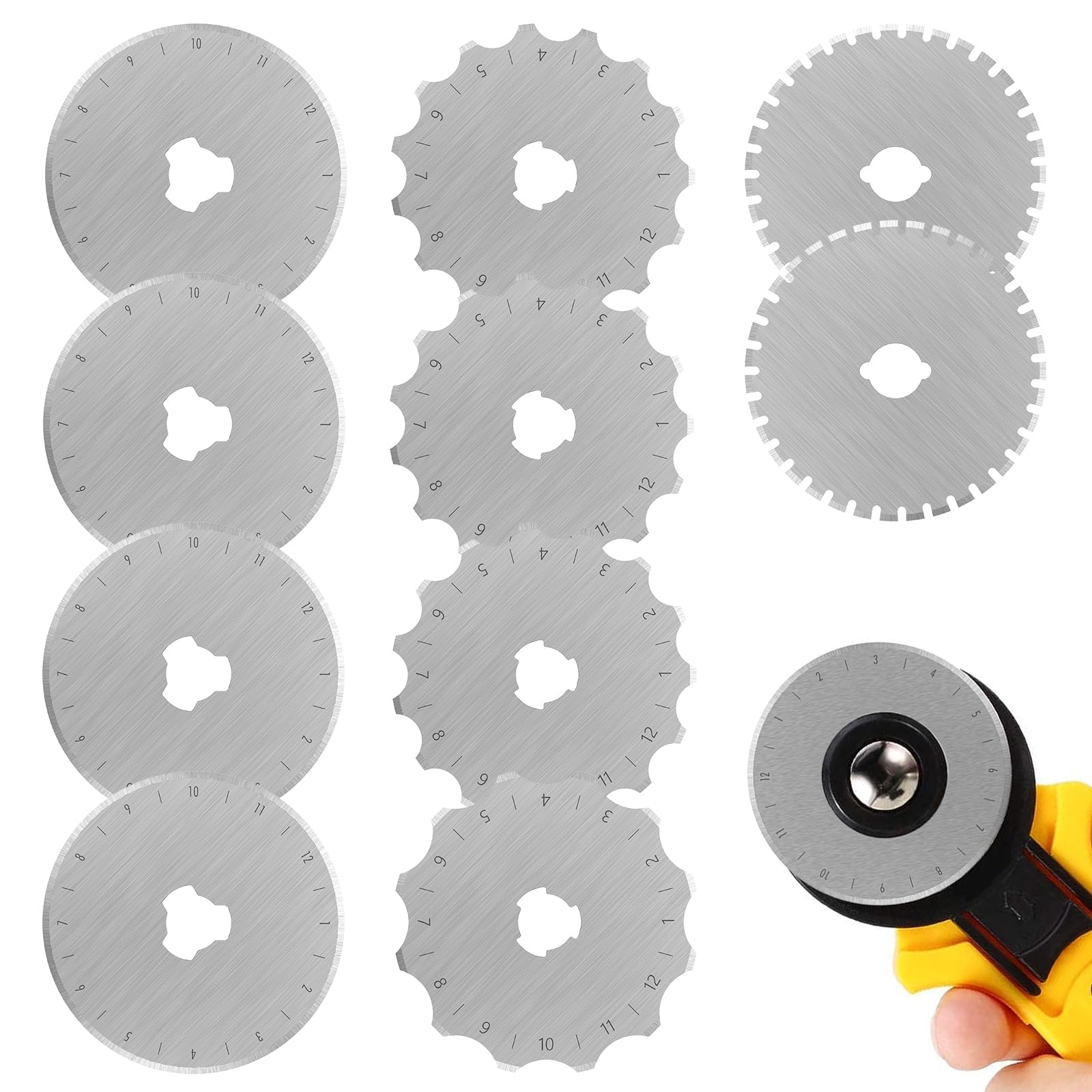 10 Pcs Skip Stitch Rotary Cutter Blades Set 45mm, Crochet Edge & Perforating Replacement Blade Kit for 45mm Rotary Cutters, Durable SKS-7 Steel