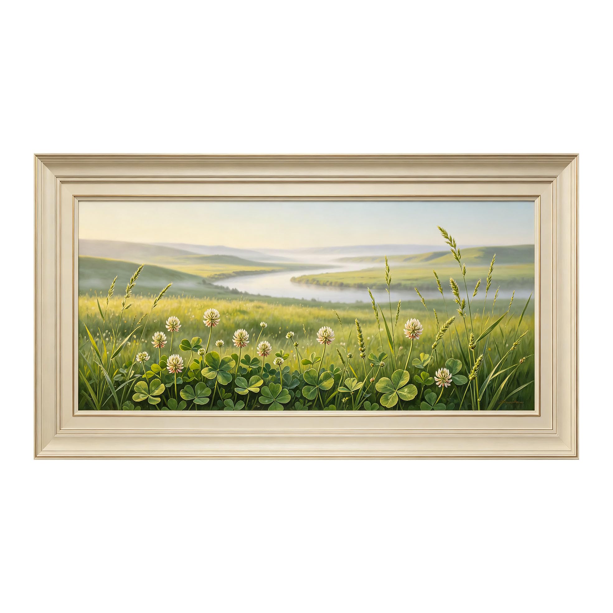 Yzpallescene 3D Framed Wall Art 50cm×100cm Pastoral Meadow River Oil Painting Panoramic Landscape Large Size SelfAdhesive Removable Wall Decor Prints Artwork for Living Room Bedroom Office