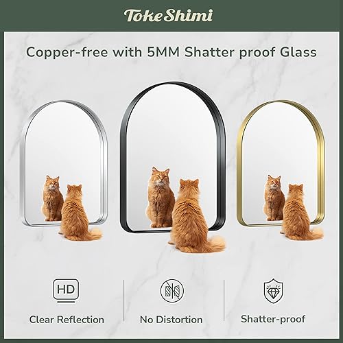 Miniatura 5 de TokeShimi Espejo de baño arqueado de plata cepillada de 26x38 pulgadas con aleación de aluminio antioxidante con marco mate para tocador, casa de