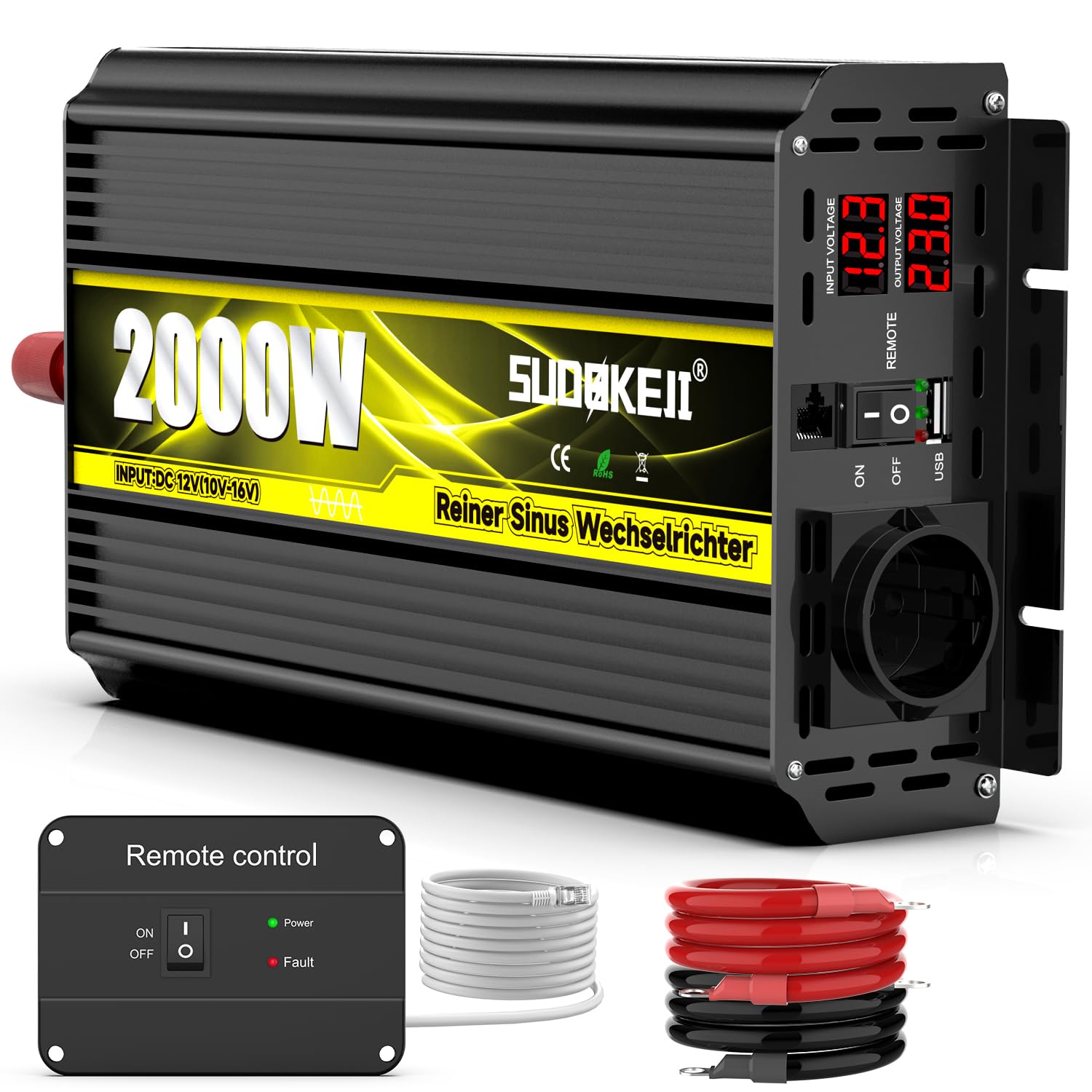 2000W Convertisseur 12v 220v Pur Sinus DC 12V à AC 230V Puissance Onduleur avec Télécommande EU de Courant & 3.1A Port USB Transformateur de Tension pour Camion RV Système Solaire