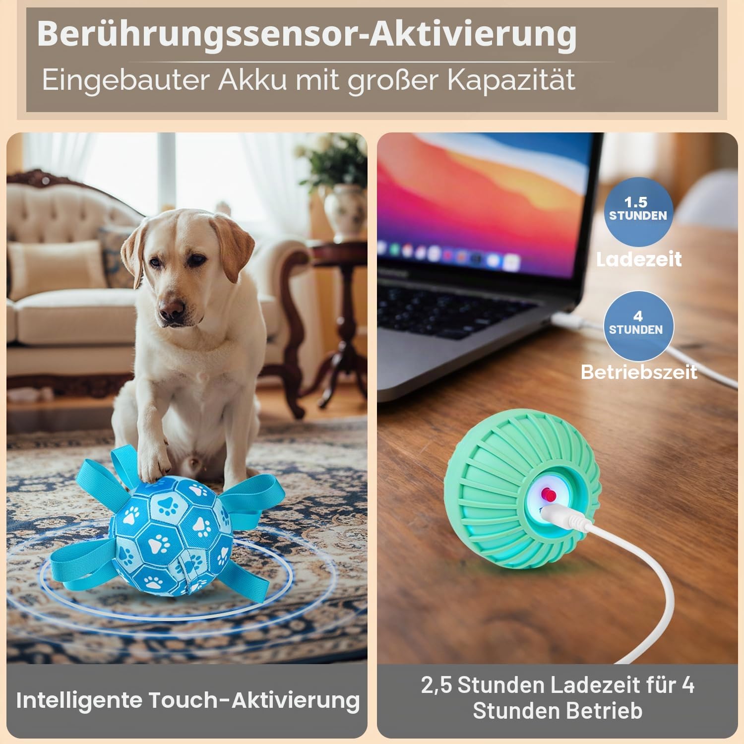 Interaktive Hundespielzeuge, Hundefußball zur Beschäftigung, haltbare automatisch bewegende und springende Hundebälle mit Gurten für kleine/mittlere/große Hunde, USB-aufladbar(Blau)