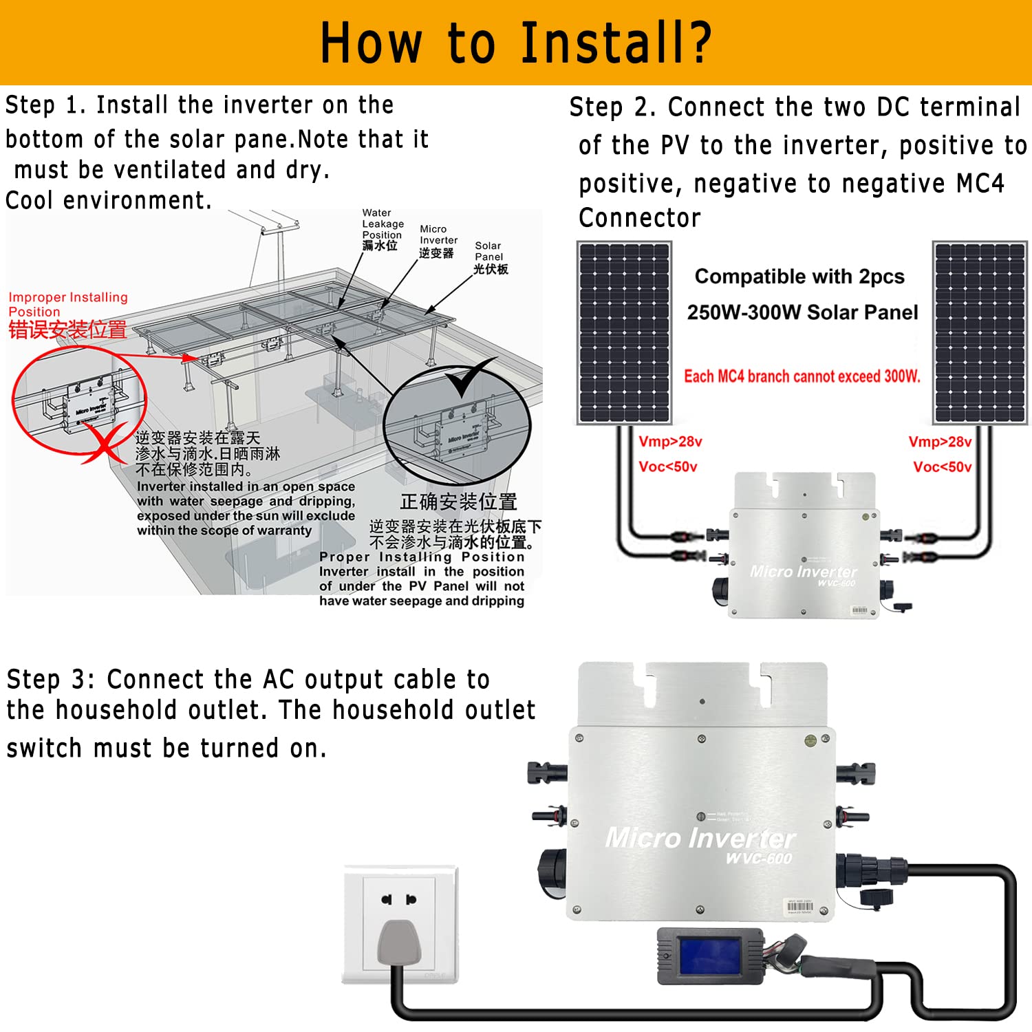 Y&H 600 W Mikro-Wechselrichter mit Solarnetzanschluss, wasserdicht, IP65, MPPT, DC28-50 V, PV-Eingang, AC180-260 V, Ausgang für Solarpanel, 30 V, 36 V