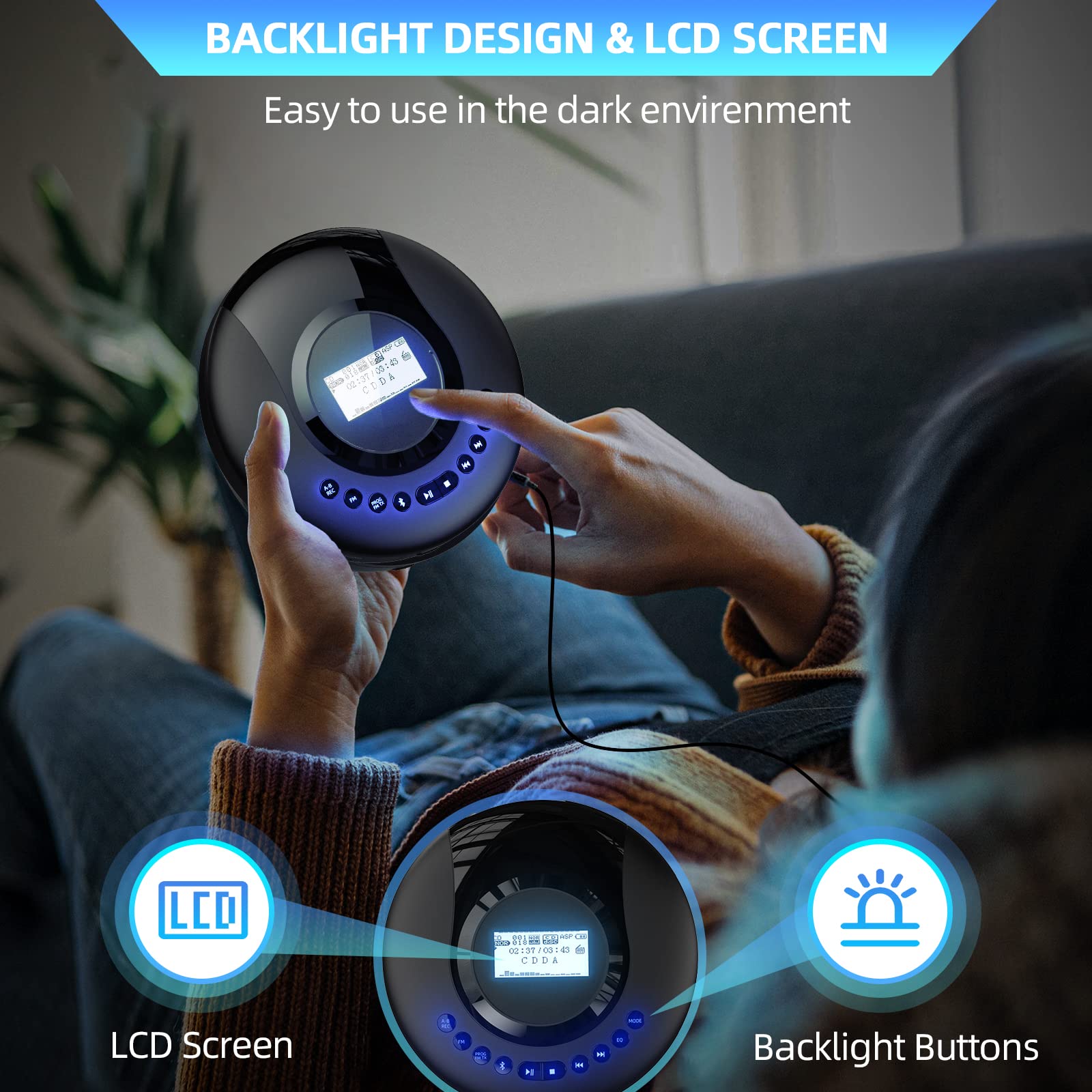 Lecteur CD Portable, Arafuna Lecteur CD Bluetooth pour Voiture et Enfants, Discman Rechargeable 2000 mAh avec écran LCD, Protection Antichoc baladeur CD FM Petit avec écouteurs