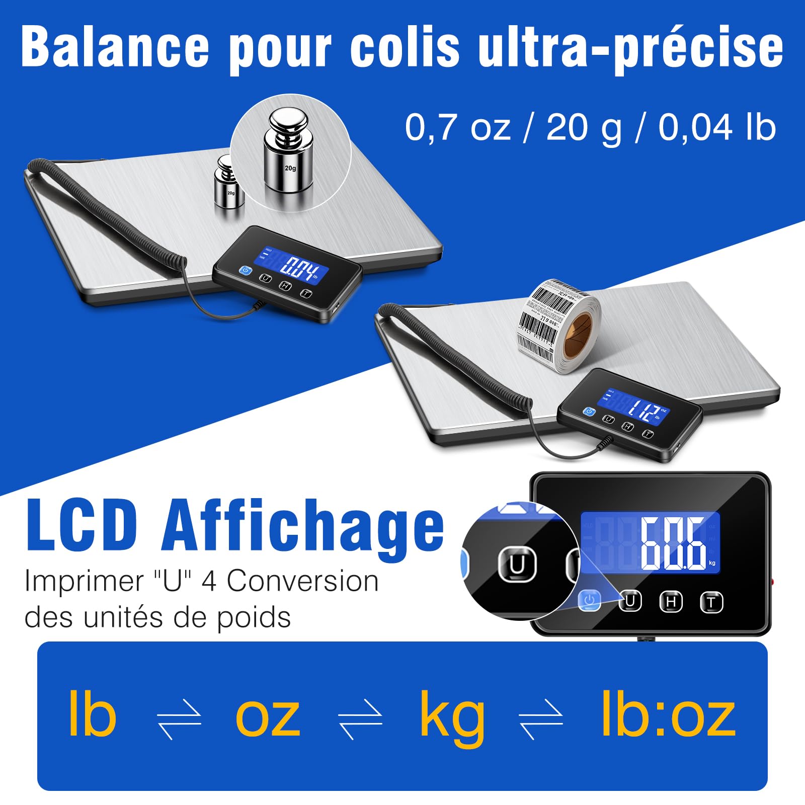Balance Colis 300kg avec Haute Précision 20g, Pèse Colis Professionnel, Grand Écran LCD, Fonction Tarage, Alimentation sur Batterie ou Rechargeable, Idéale pour Expédition Entrepôt Commerce