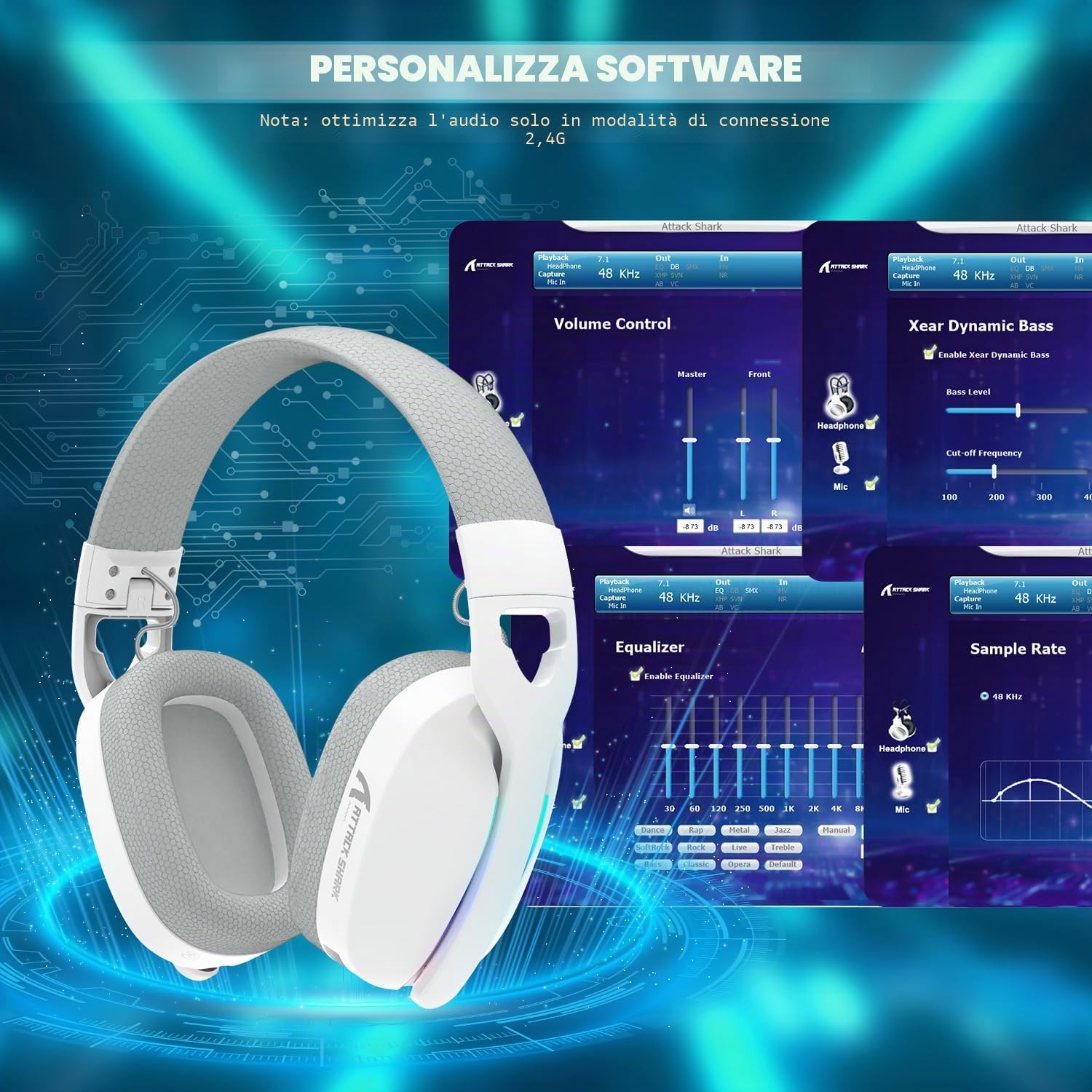 MAMBASNAKE x ATTACK SHARK L90 Cuffie da gioco wireless ultraleggere e galleggianti, suono surround 7.1, BT5.3/2.4Ghz/cablate, RGB, driver al neodimio da 40 mm, per PC/PS4/PS5/Switch/Xbox-Bianco