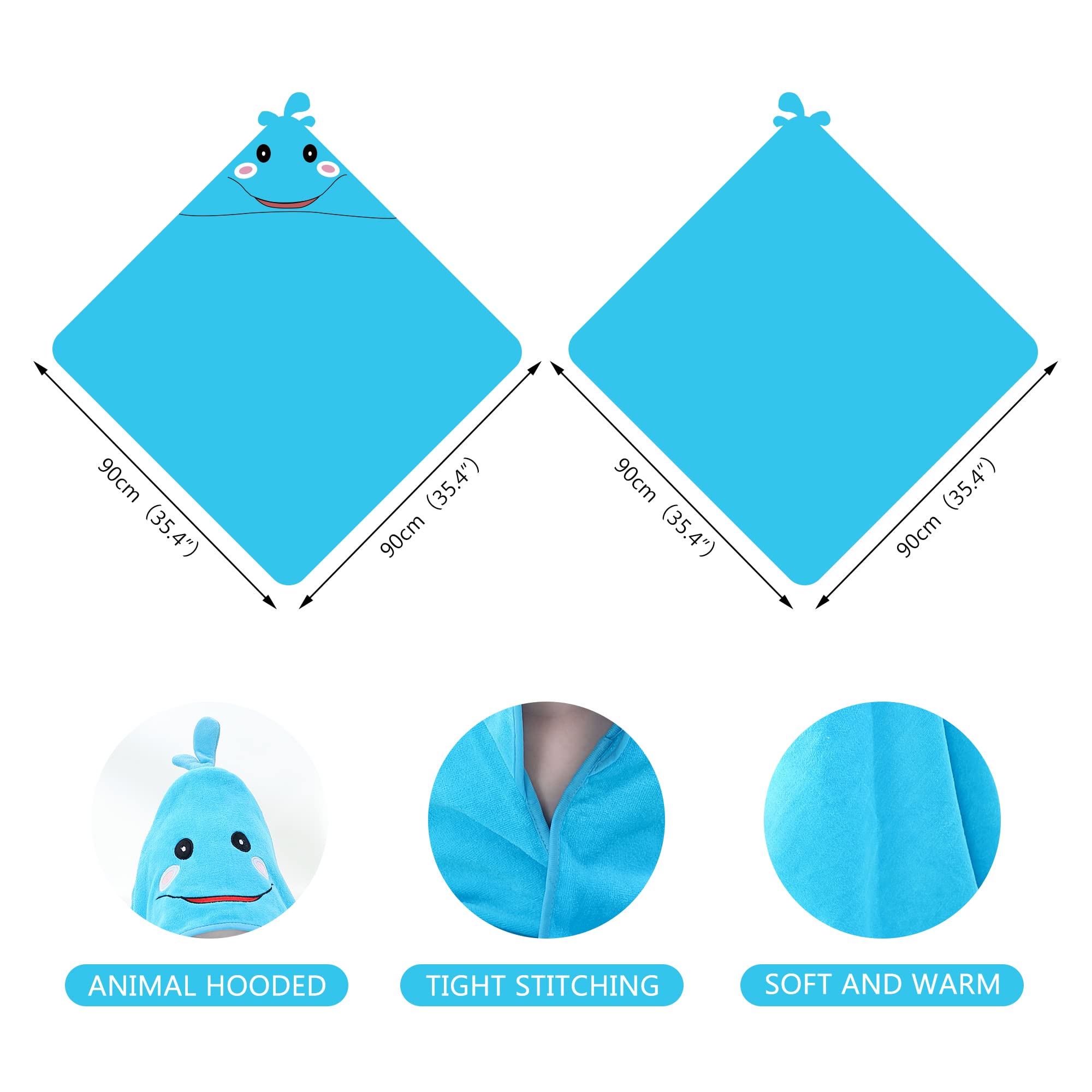 Unisexe Bébé Enfant en Bas âge Enfants Animal Capuche Coton Douche Plage Serviette de Bain Robe de Bain, 0-6 Years Old, 90x90cm, Bleu