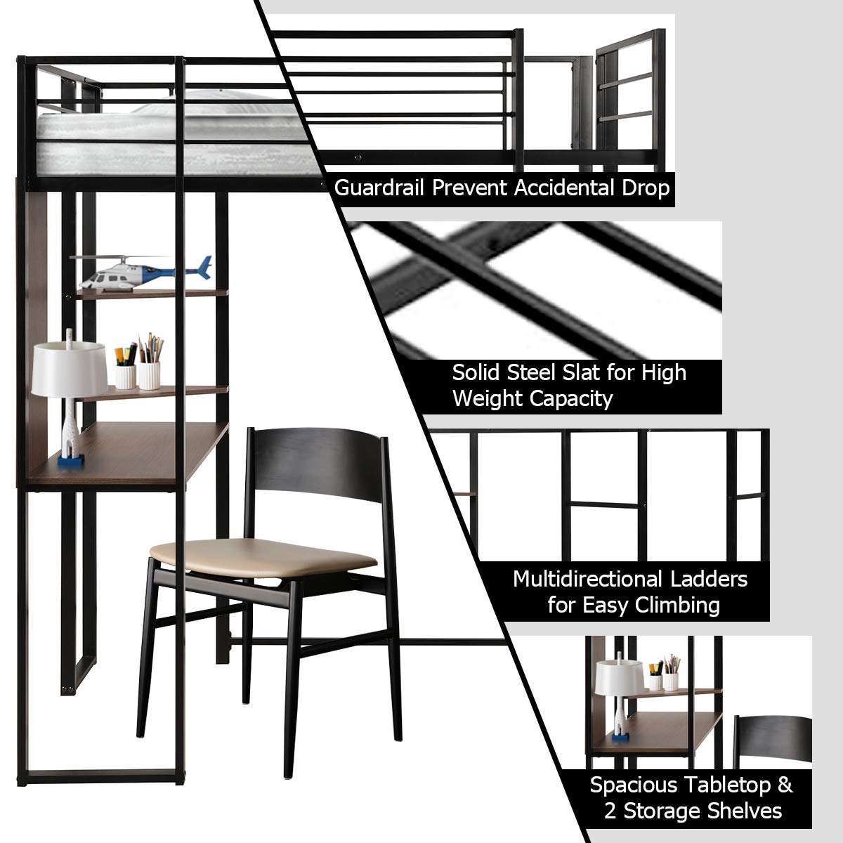 Giantex Metal Loft Bed Frame with 2 Ladders, SpaceSaving Bunk Bed with