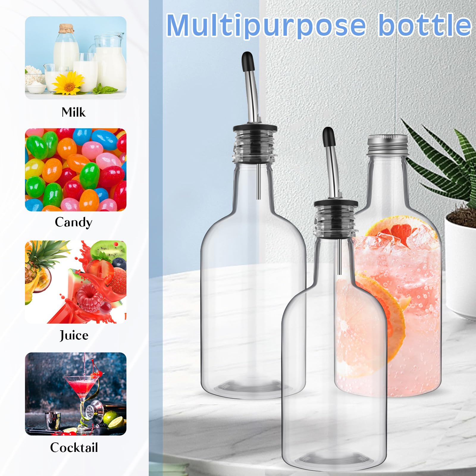 3 juegos de botellas de plástico de cuello largo de 16 onzas con vertedor y tapas, botellas de plástico para verter jugo con botella de acero inoxidable, boquilla cónica para licores y jugos, 6
