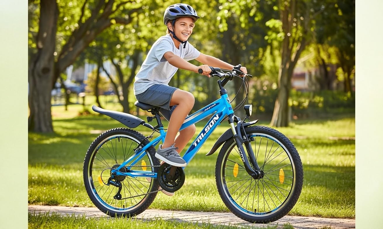 Talson 24 Zoll Mountainbike Fahrrad mit 21-Gang Shimano, Gabelfederung & Beleuchtung Blau