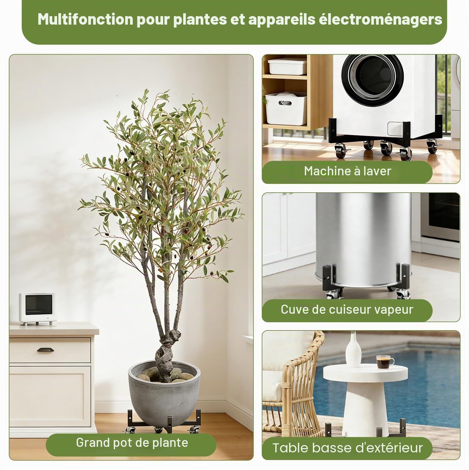 Chariot à Plantes à roulettes Réglable, Support Pot Fleur Roulant 100 kg