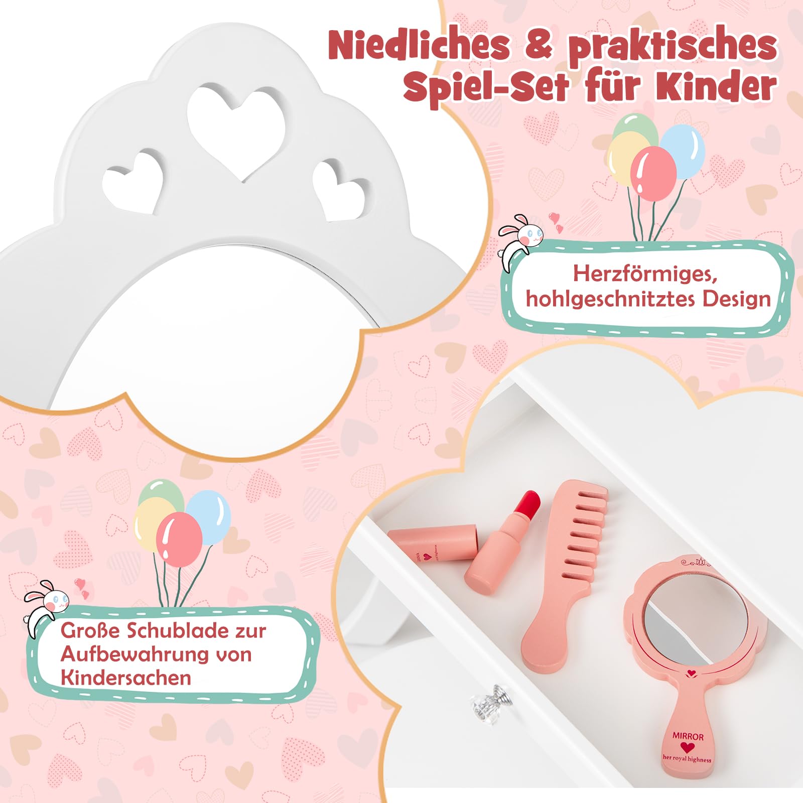 DREAMADE Schminktisch Kinder mit Hocker und Abnehmbarer Spiegel, Prinzessin Frisiertisch aus Holz mit Antikipp-Schutz, Kinderschminktisch für Kinder Mädchen (Weiß)