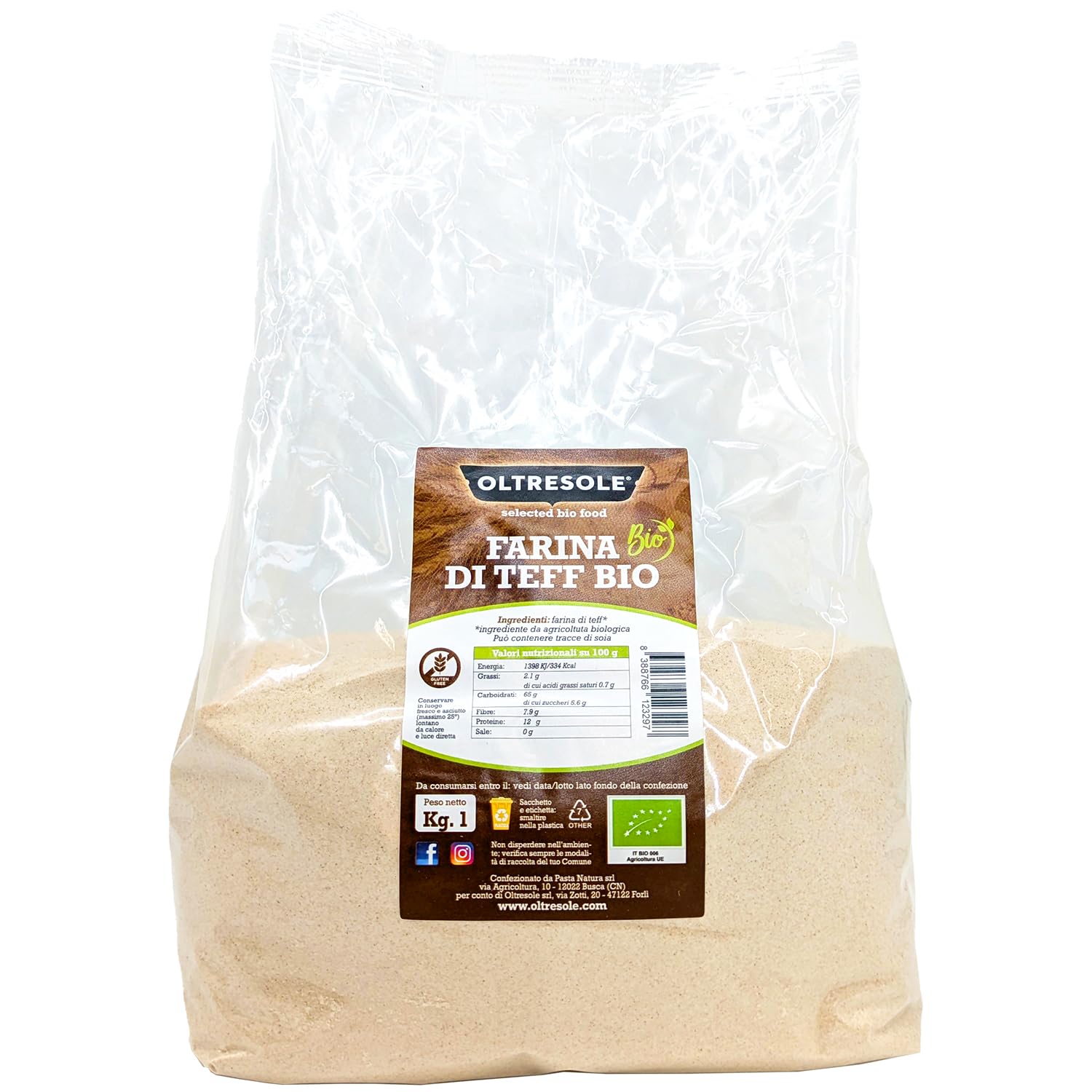 Oltresole, Farine de Teff biologique 1 kg, Farine riche en fibres, protéines et minéraux, polyvalente en cuisine, excellente pour les pâtes sucrées et salées, végétalienne, sans OGM, sans gluten