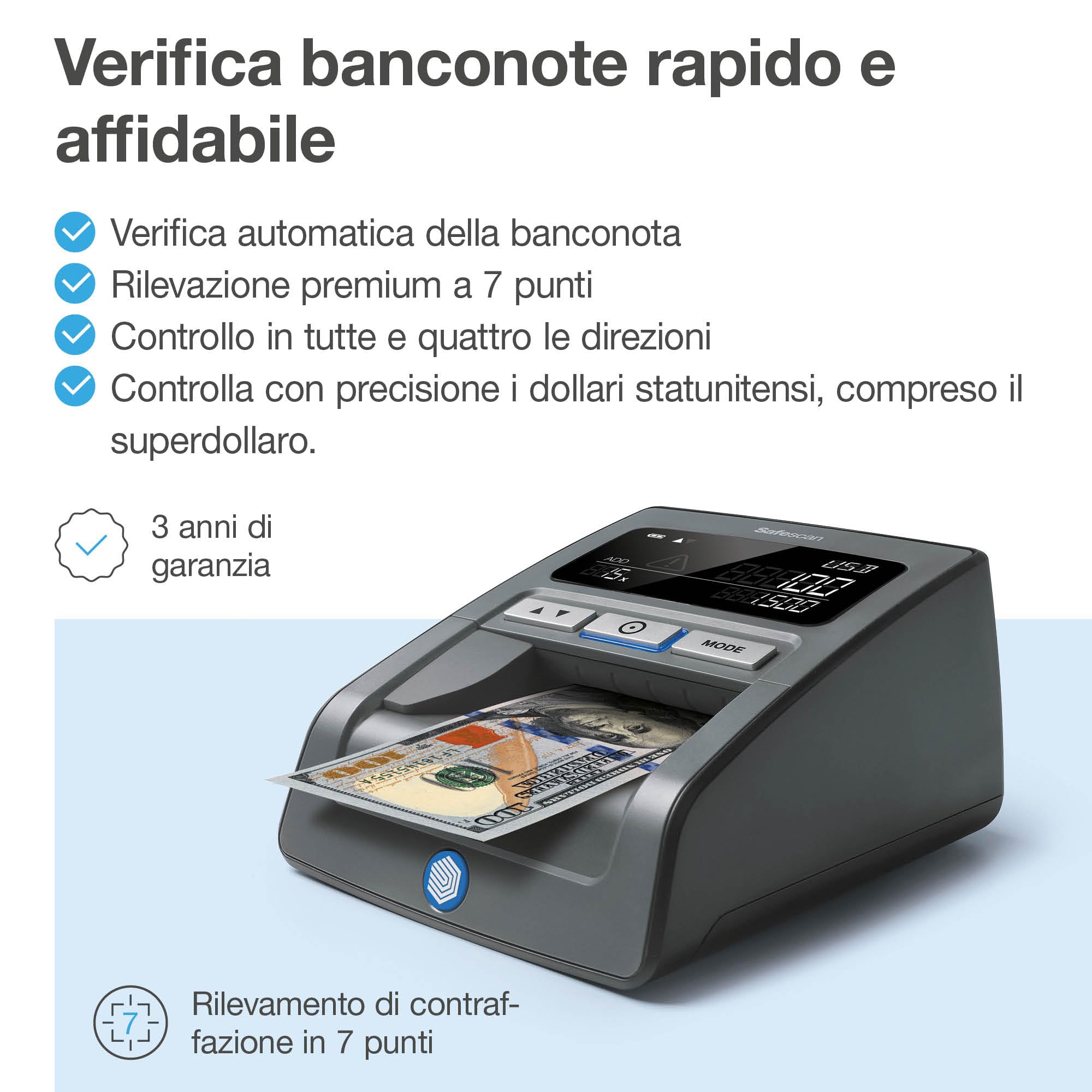 Safescan 185-S Verifica banconote false automatico che verifica rapidamente le banconote, Inclusi dollari americani, Verificatore del falso a 7 punti, Accurato Verifica banconote al 100%
