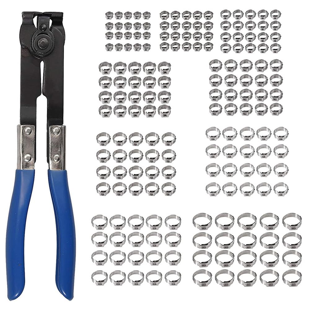 Jnchdghwa As Shown Stainless Steel 180Pcs Single Ear Hose Clamps 5.8-21Mm Crimp Clamping Fittings With Ear Clamp Plier Pincer Crimper Tool