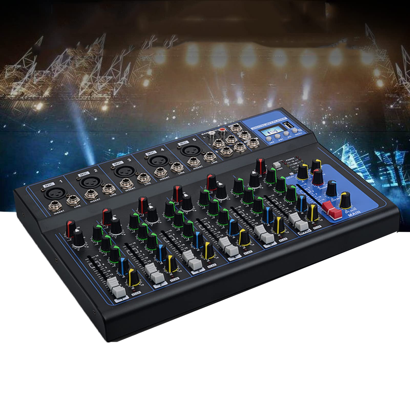 Mezclador de DJ 7 canales, mezclador audio profesional Bluetooth con efecto reverberación MP3 y reproductor pantalla LCD USB