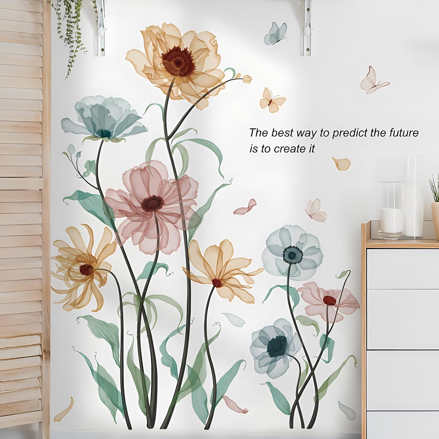 Boho Flower Wall Decals for Girls Poppy Peony Flower Plants Wall Stickers Peel and Stick Vintage Floral Wall Murals Art for Bedroom Living Room Nursery Classroom Wall Decor 69011-YG-A