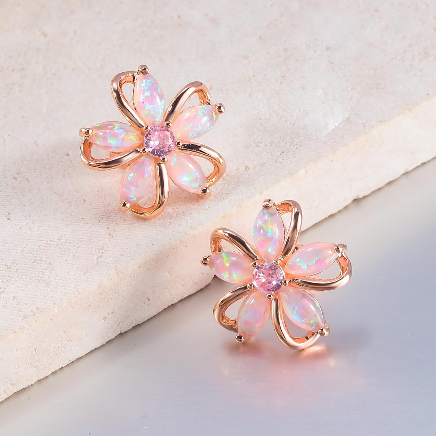 CiNily Womens Flower Earrings Studs Dainty Fire Opal Studs 14K White/Gold Plated Lightweight Cubic Zirconia Stud Earrings Trendy Diamond Jewelry for Wedding Party Birthday Summer Gifts - Image 5