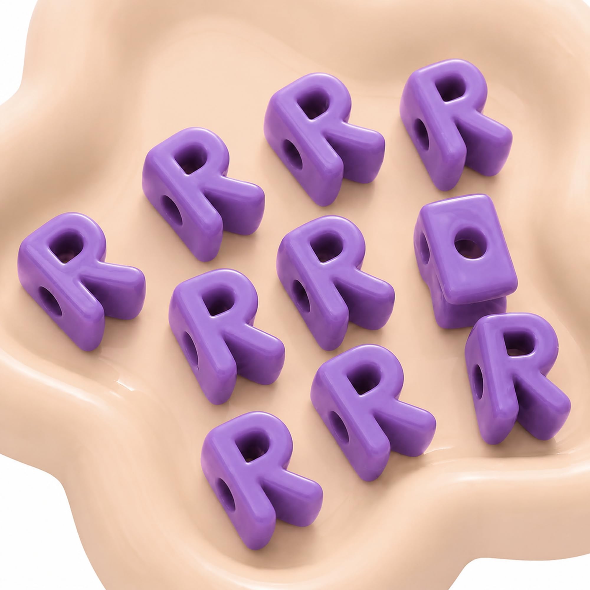 Letter Beads, 10pcs Alphabet Beads, Large Acrylic Letter Beads with 6mm Holes for Bracelet Making, Jewellery, Keyrings and Craft Projects (Purple, Letter R)