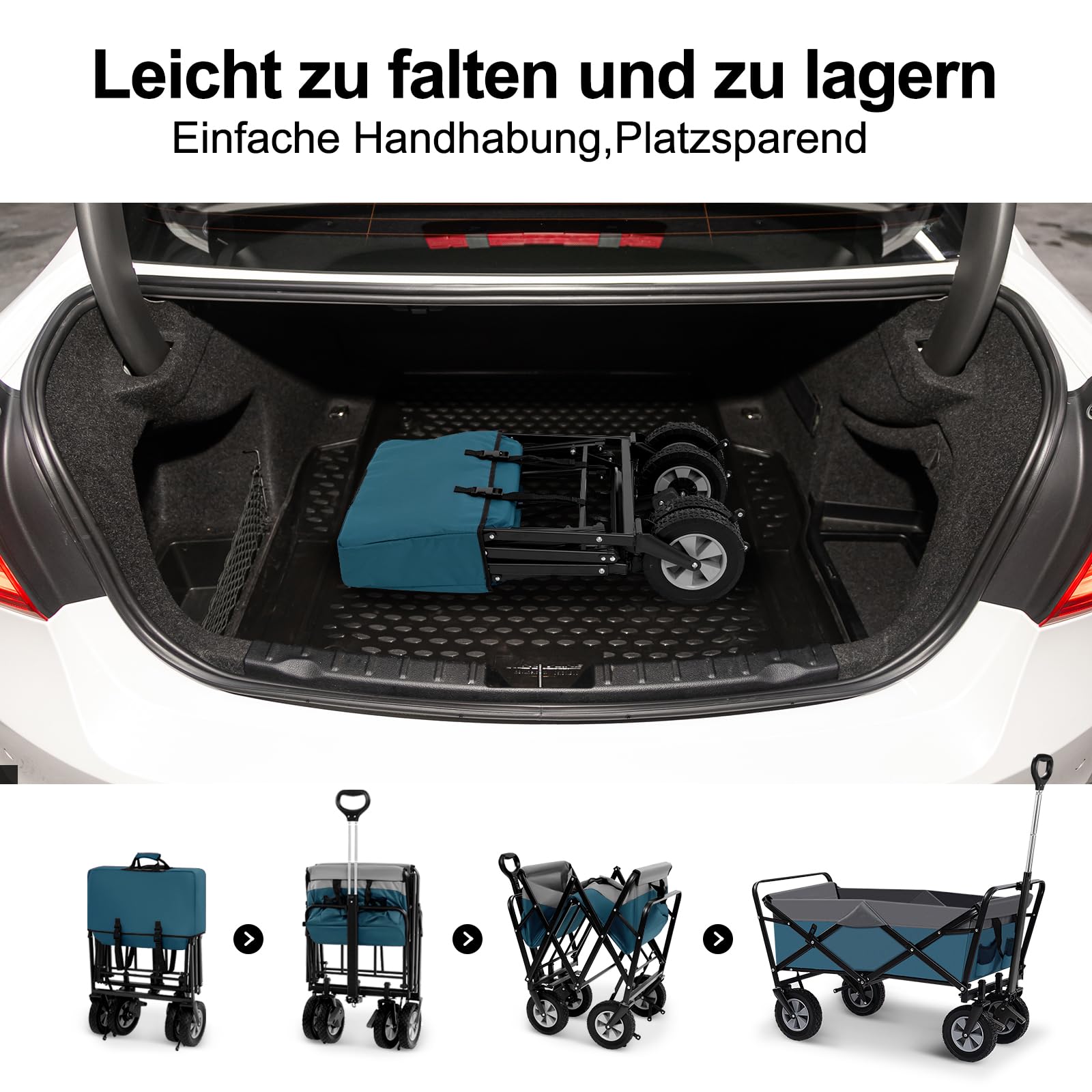 EUGAD składany wózek ręczny, wózek transportowy 100 L z regulowanym uchwytem, przenośny wózek plażowy z bocznymi kieszeniami, do ogrodu, na kemping, na zakupy, nadaje się do każdego terenu, obciążenie