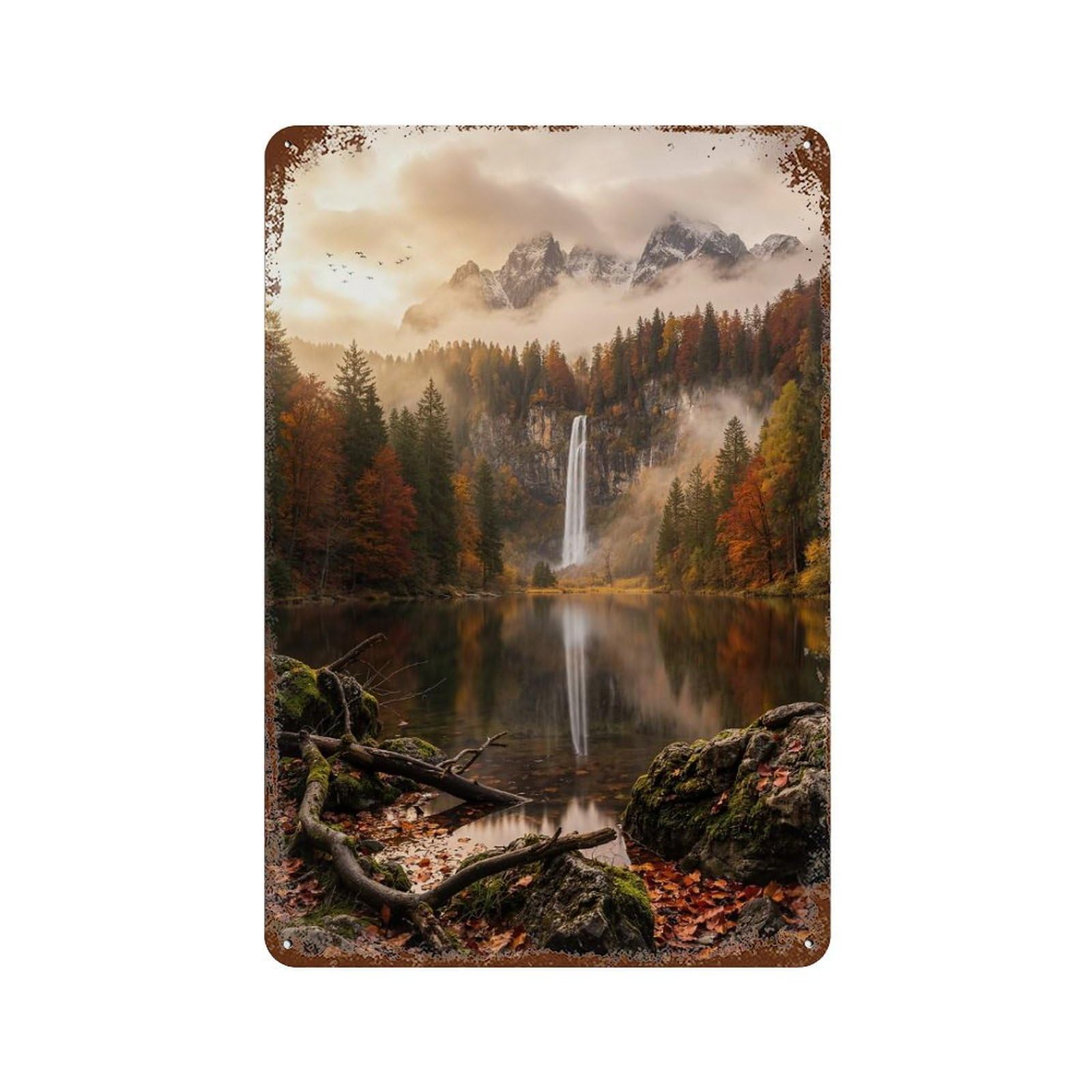 Rust Effect Autumn Waterfall Landscape Reflection Rustic Tin Plaque 11.8"x7.9", Industrial Home Decor for Bistro, Counter And Cafe Decor