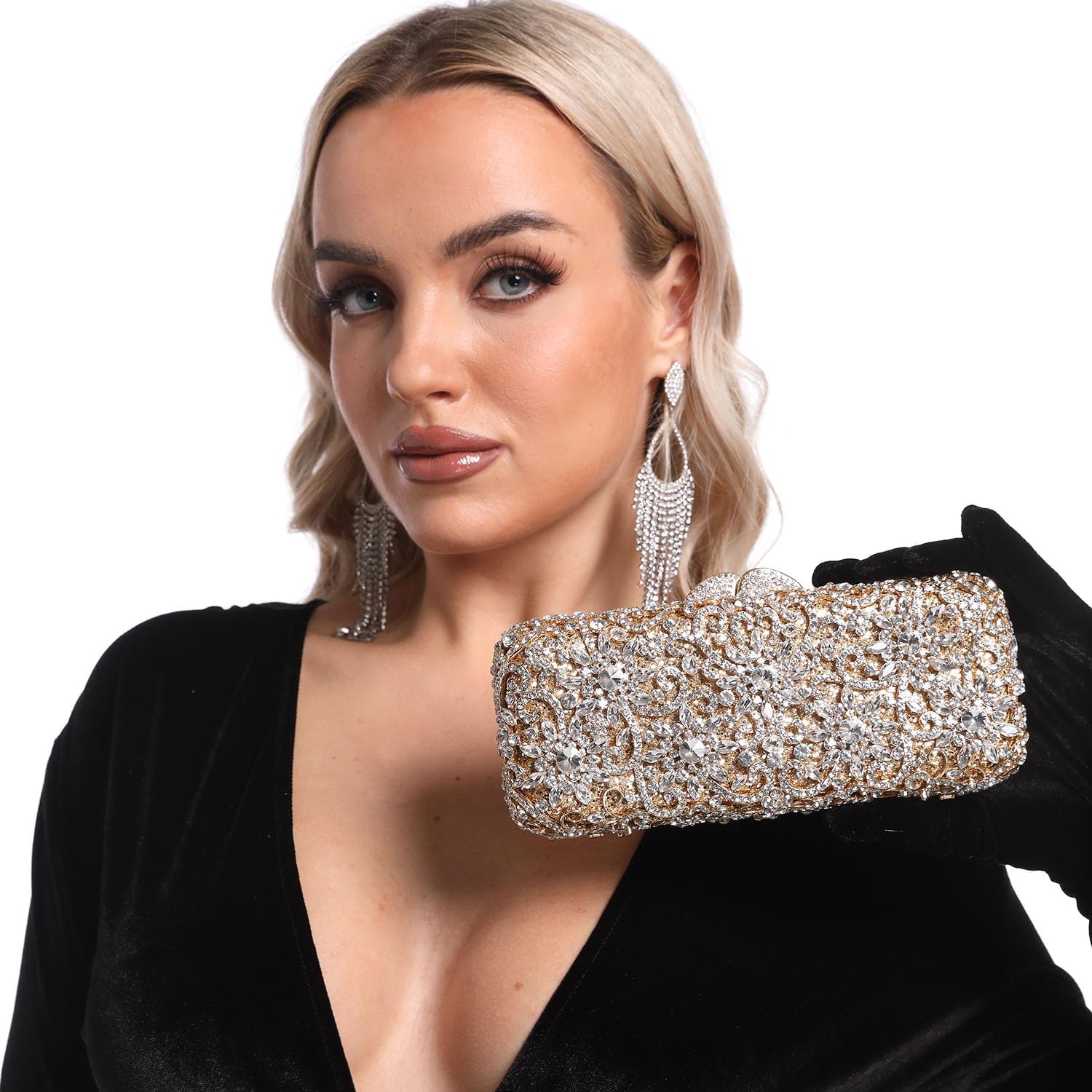 Boutique De FGG Bling Flower Crystal Clutch Evening Bags for Women Formal Party Rhinestone Clutch Purse Wedding Handbag,Mini - Image 7