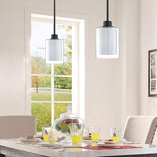 Miniatura 6 de Paquete de 2 lámparas colgantes de isla de cocina para interiores, lámpara colgante de 5 pulgadas de vidrio esmerilado transparente, acabado negro