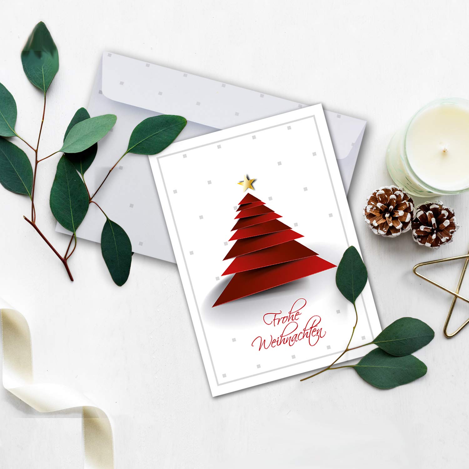 NEUSER PAPIER 150x Weihnachtskarten-Set DIN A6 in Weiß mit rotem Design Weihnachtsbaum - Faltkarten mit passenden Umschlägen - Weihnachtsgrüße für Firmen und Privat