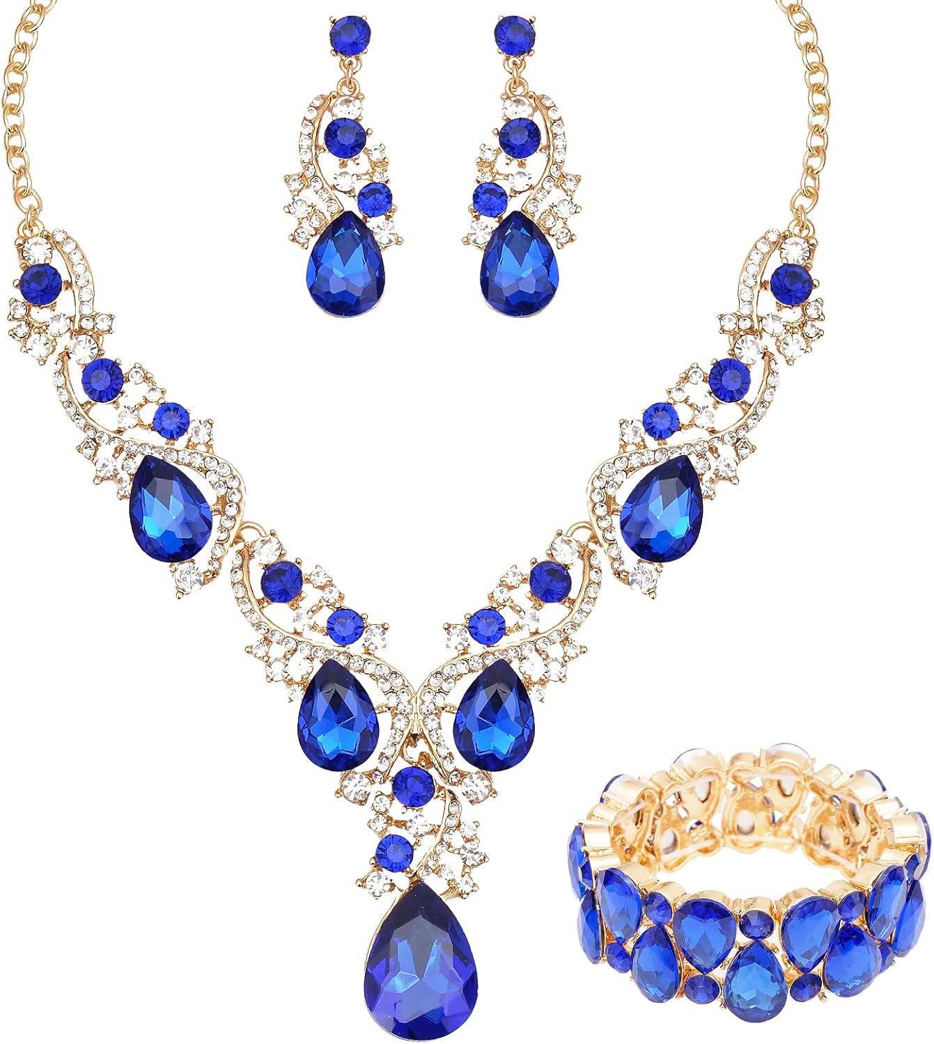 CSY Women's Elegant Bridal Necklace Earrings Stretch Bangle Bracelsts Set for Bride Bridesmaid Wedding Teardrop Crystal Costume Jewelry Sets