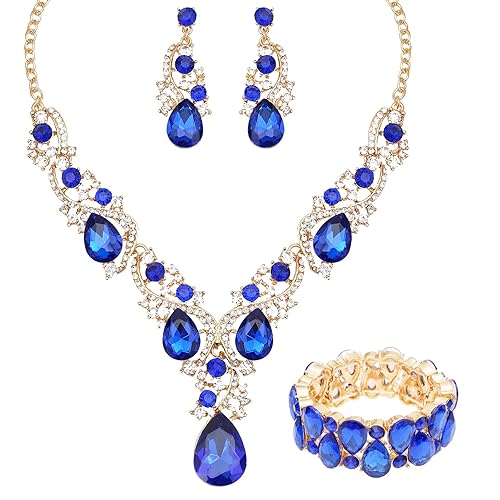 CSY Women's Elegant Bridal Necklace Earrings Stretch Bangle Bracelsts Set