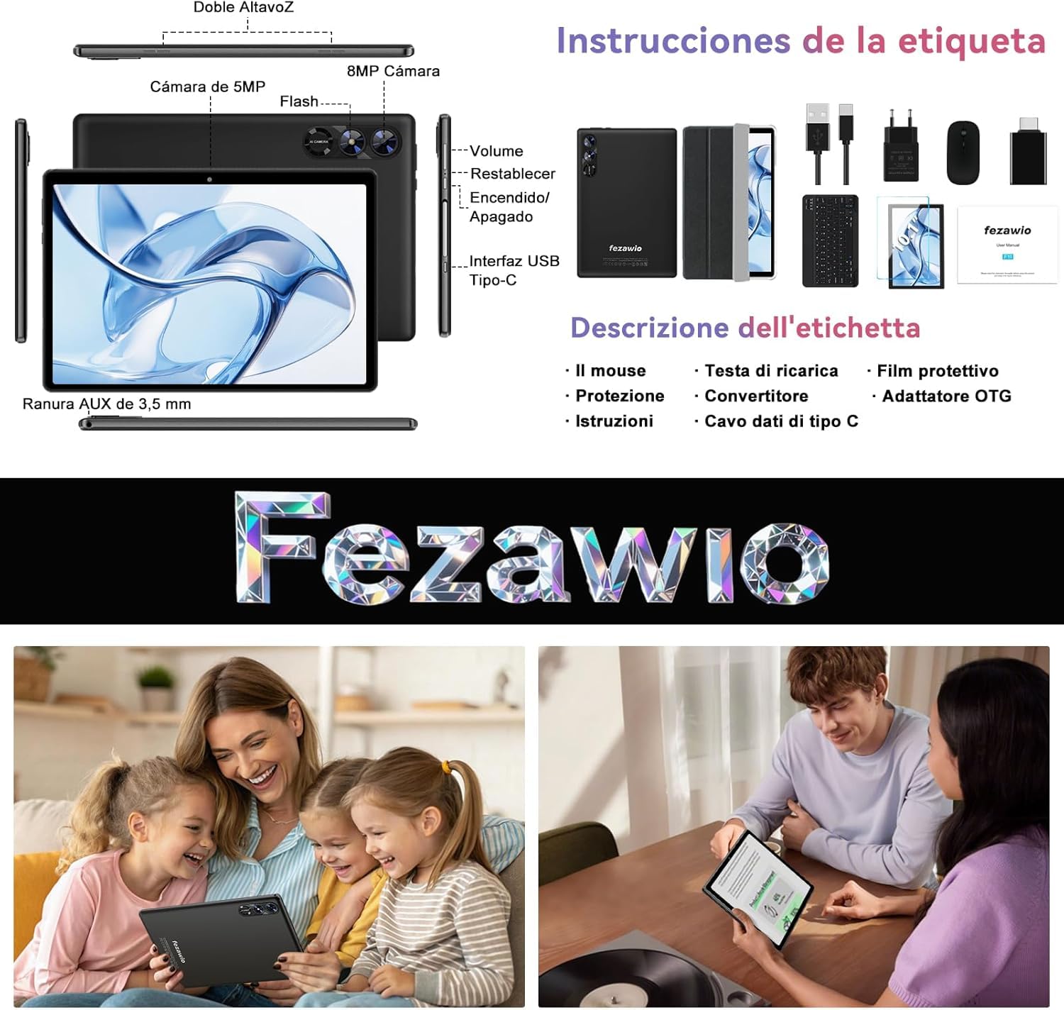 fezawio Android 15 Tablet 10 Pulgadas Gemini AI, Tablet PC Octa-Core, 30 GB RAM + 64 GB ROM (1TB TF), 3.5mm Audio/GMS/WiFi 6 & BT 5.0 / 6000mAh / GPS/Widevine L1, Tableta con Teclado-Negro — view 8