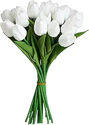 FUNZON 20 peças de flores artificiais de tulipas, flores falsas de toque real, tulipas artificiais brancas que parecem decorações de casamento reais presentes de Páscoa para o dia das mães (20, branco