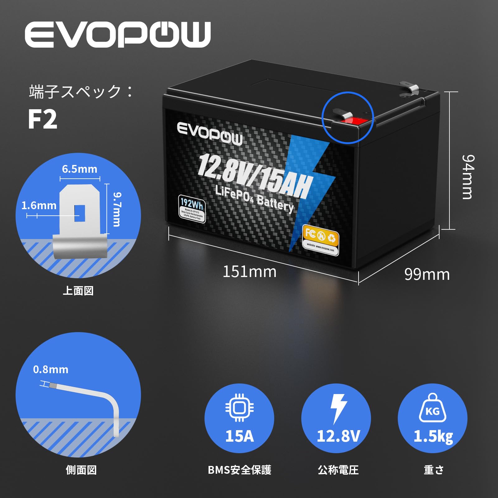 リン酸鉄リチウムイオンバッテリー LiFePO4を新品でお届けできます！ Amazon.co.jp: 12.8V 192Wh LiFePO4バッテリー 蓄電池 15Ah リン酸鉄