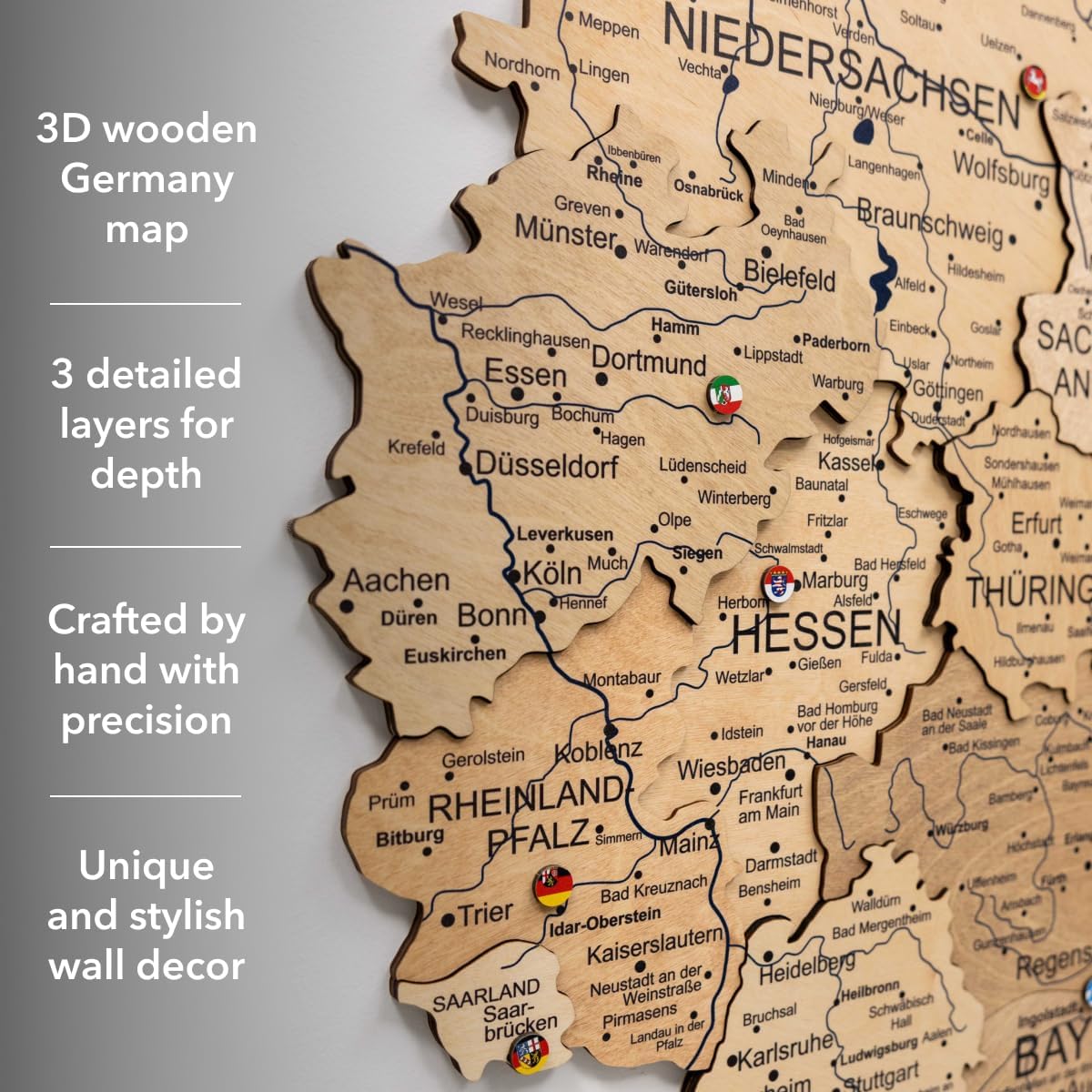 ENJOY THE WOOD 3D Wood Germany Map Wall Art Large Wall Décor - Deutschland Travel Map - Any Occasion Gift Idea - Wall Art For Home & Kitchen or Office (Gold, 2XL)