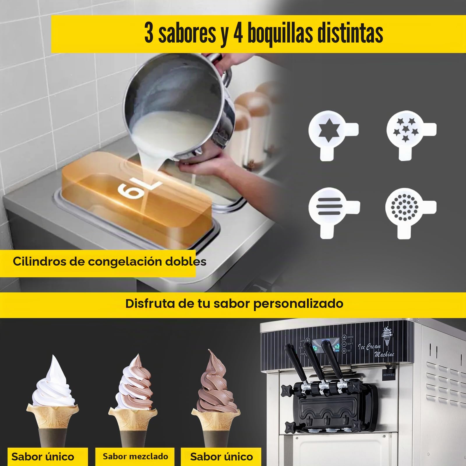 Máquina de helado comercial 20-28L/h 2200W 3 sabores, máquina de helado italiana tolva, panel LED de limpieza automática, refrigeración de noche, para yogur café Snack-Bar